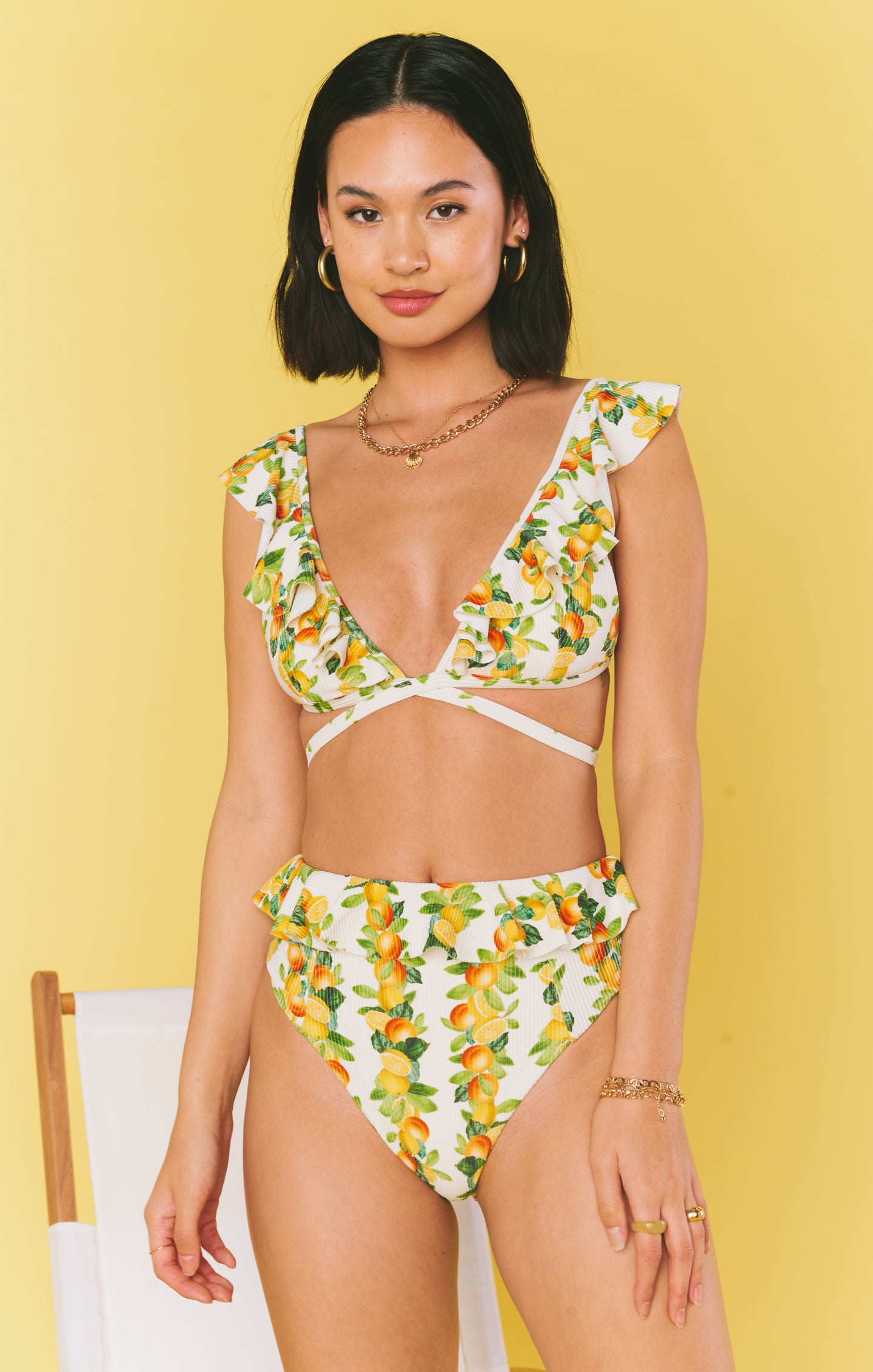 Vintage Citrus Print High Waisted Swim Bottom with Ruffles