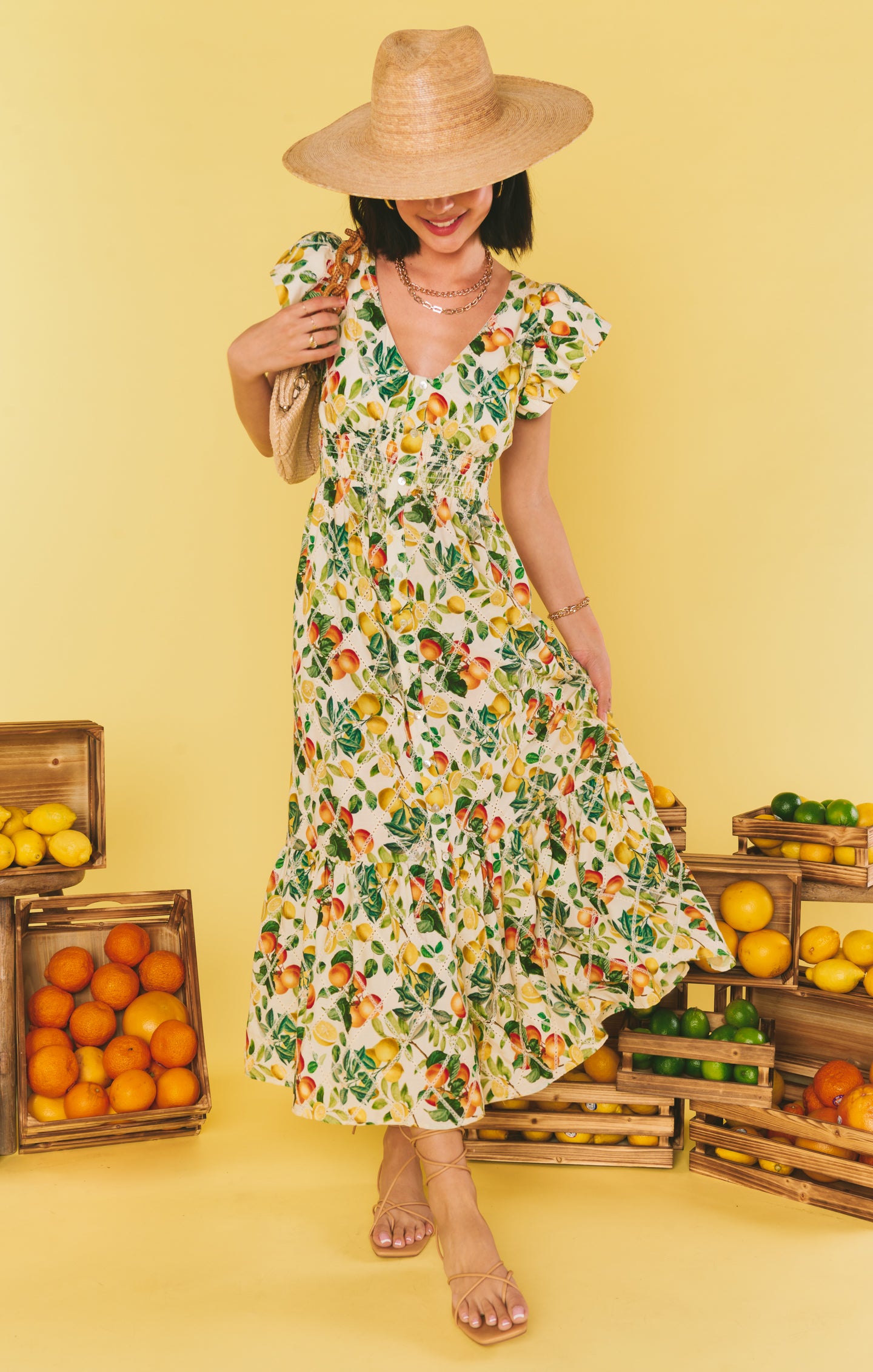 Citrus Print Smocked Waist Midi Dress for Summer