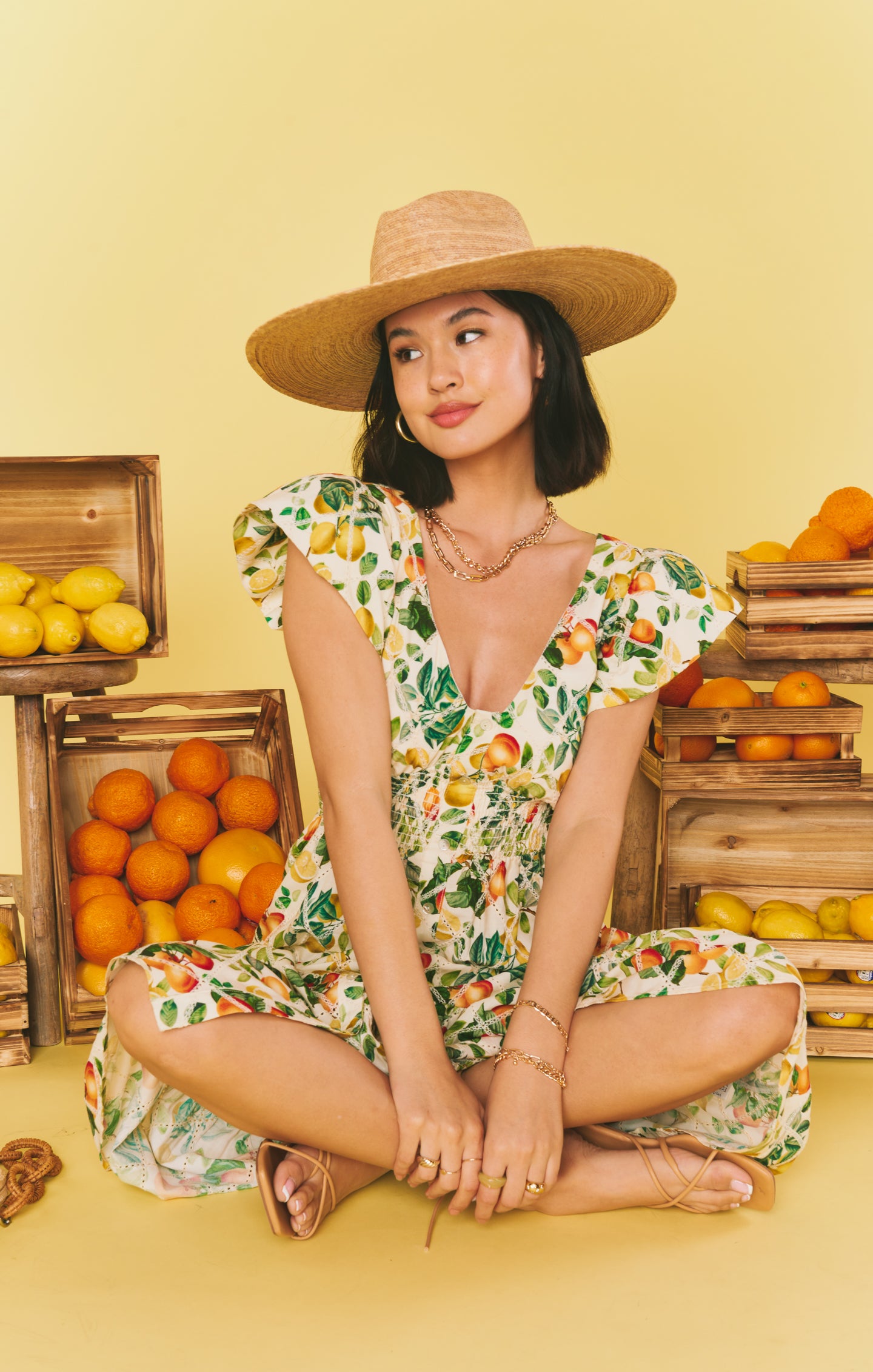 Citrus Print Smocked Waist Midi Dress for Summer
