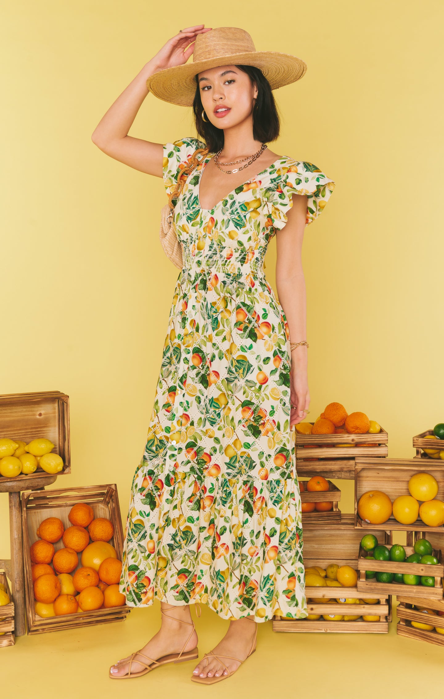Citrus Print Smocked Waist Midi Dress for Summer