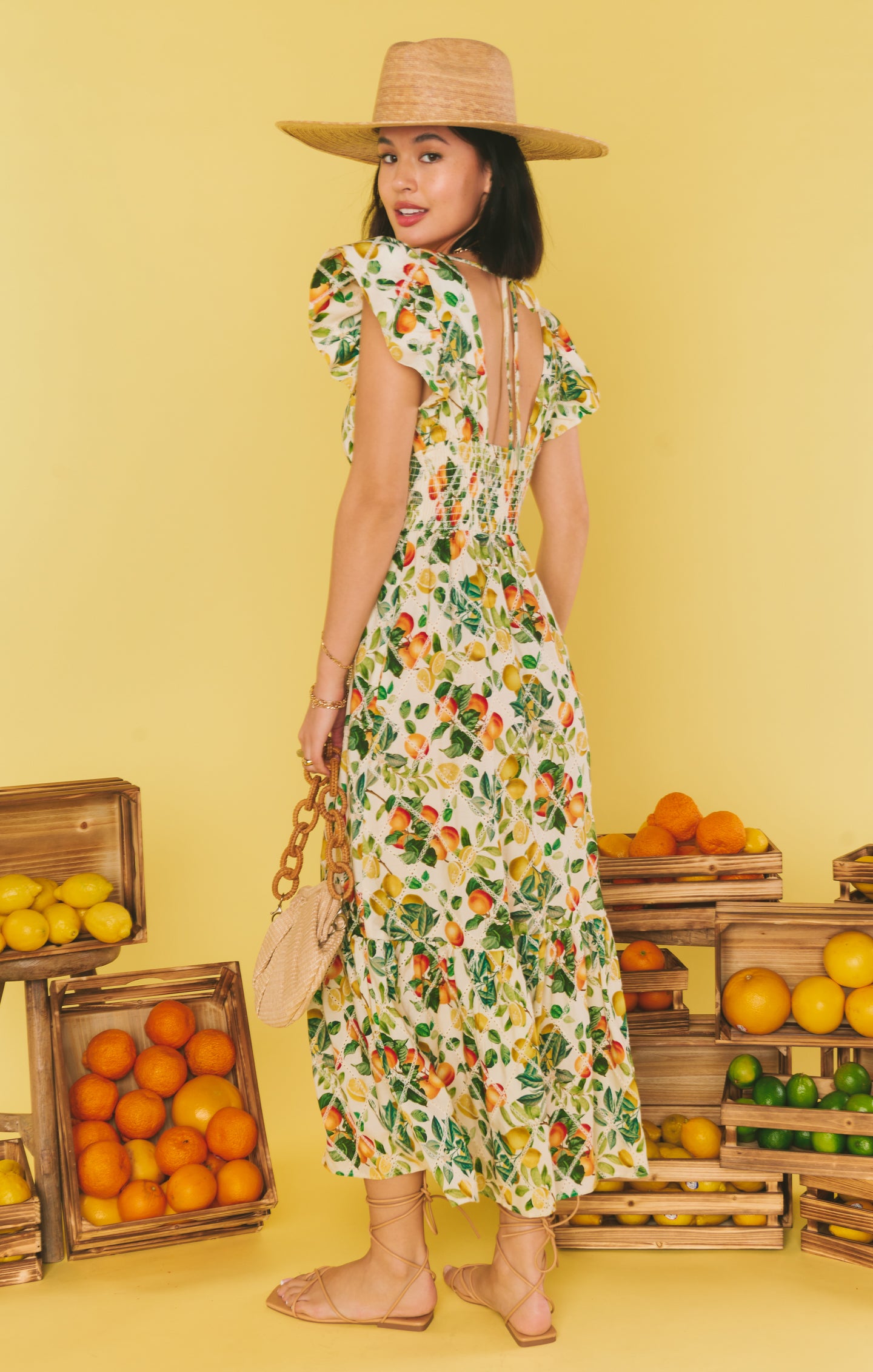 Citrus Print Smocked Waist Midi Dress for Summer