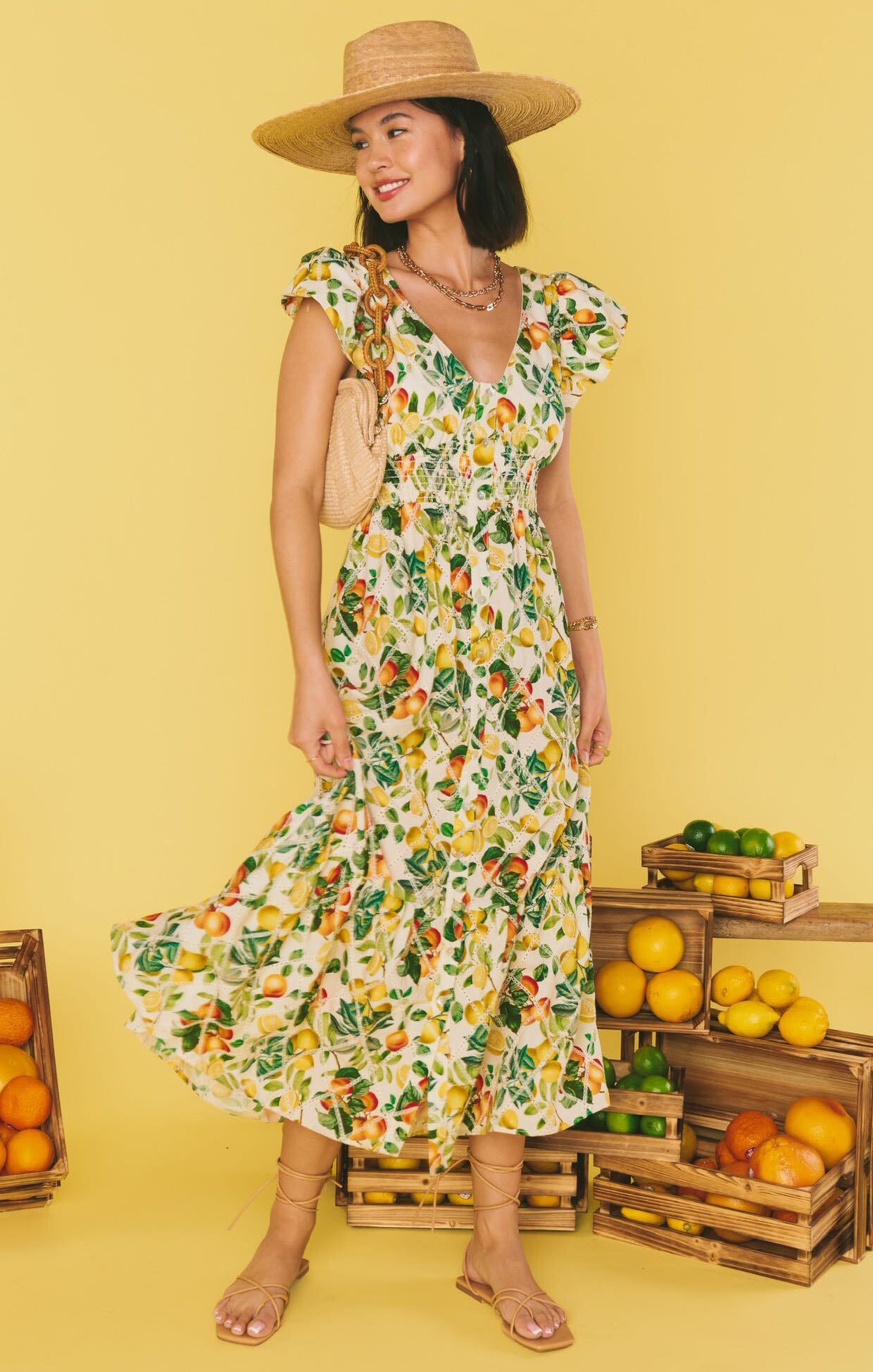 Citrus Print Smocked Waist Midi Dress for Summer