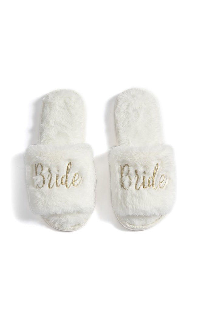 Bride Wedding Slippers ~ White & Gold Fuzzy House Shoes