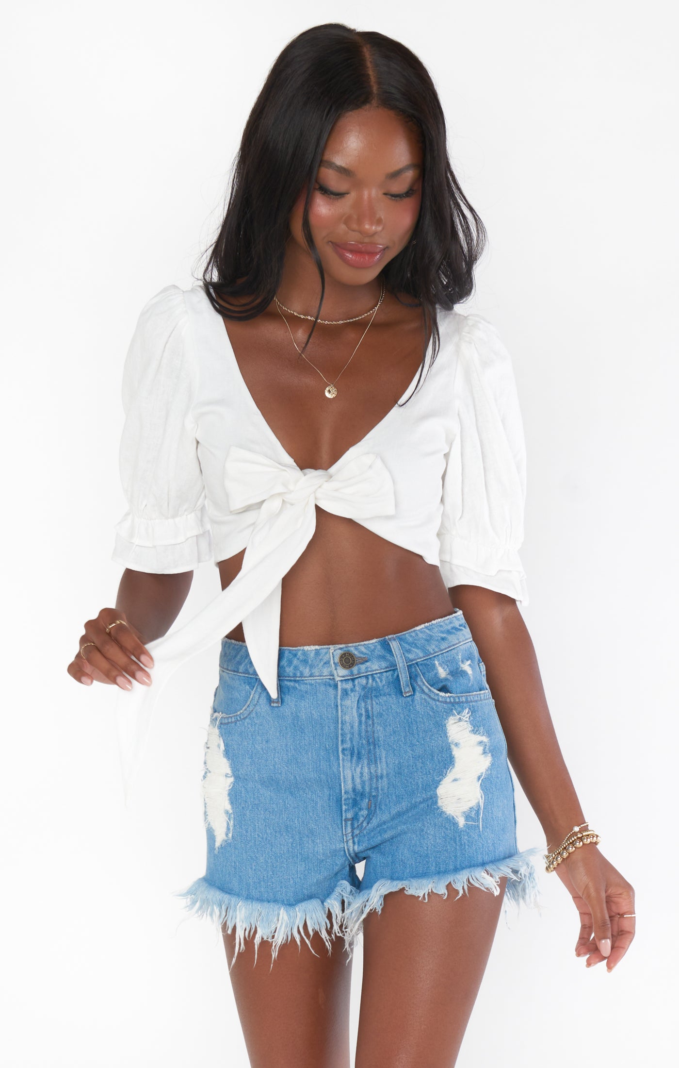 Fiona White Linen Tie Back Top with Puffed Sleeves