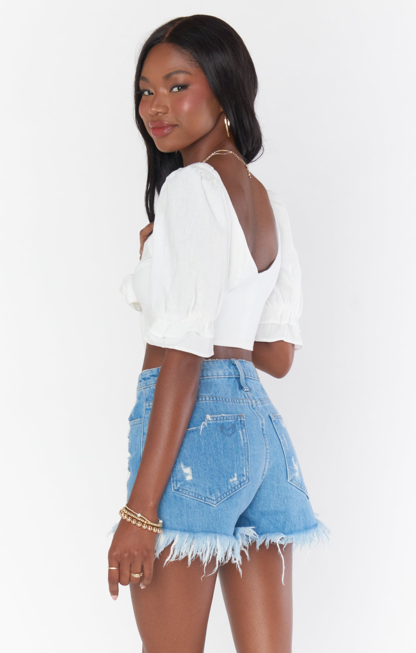 Fiona White Linen Tie Back Top with Puffed Sleeves