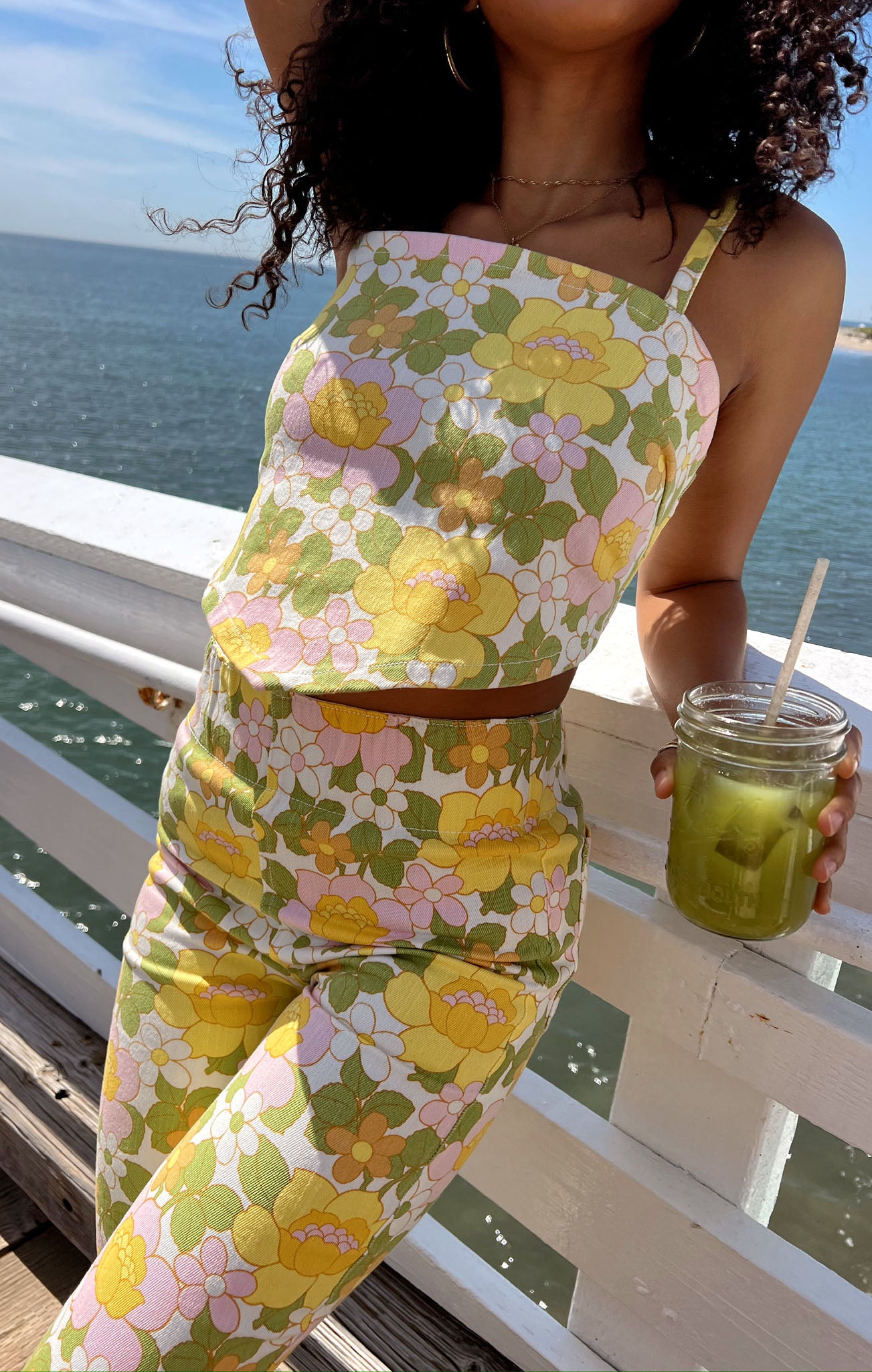 Floral Denim Crop Top with Adjustable Straps