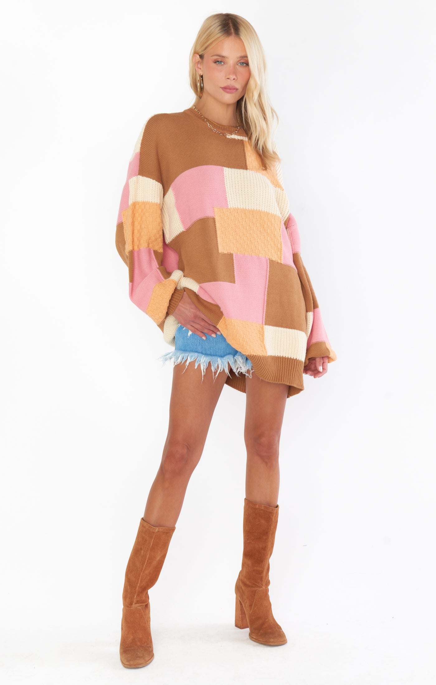 Ember Patchwork Knit Sweater - Oversized Tunic Crewneck