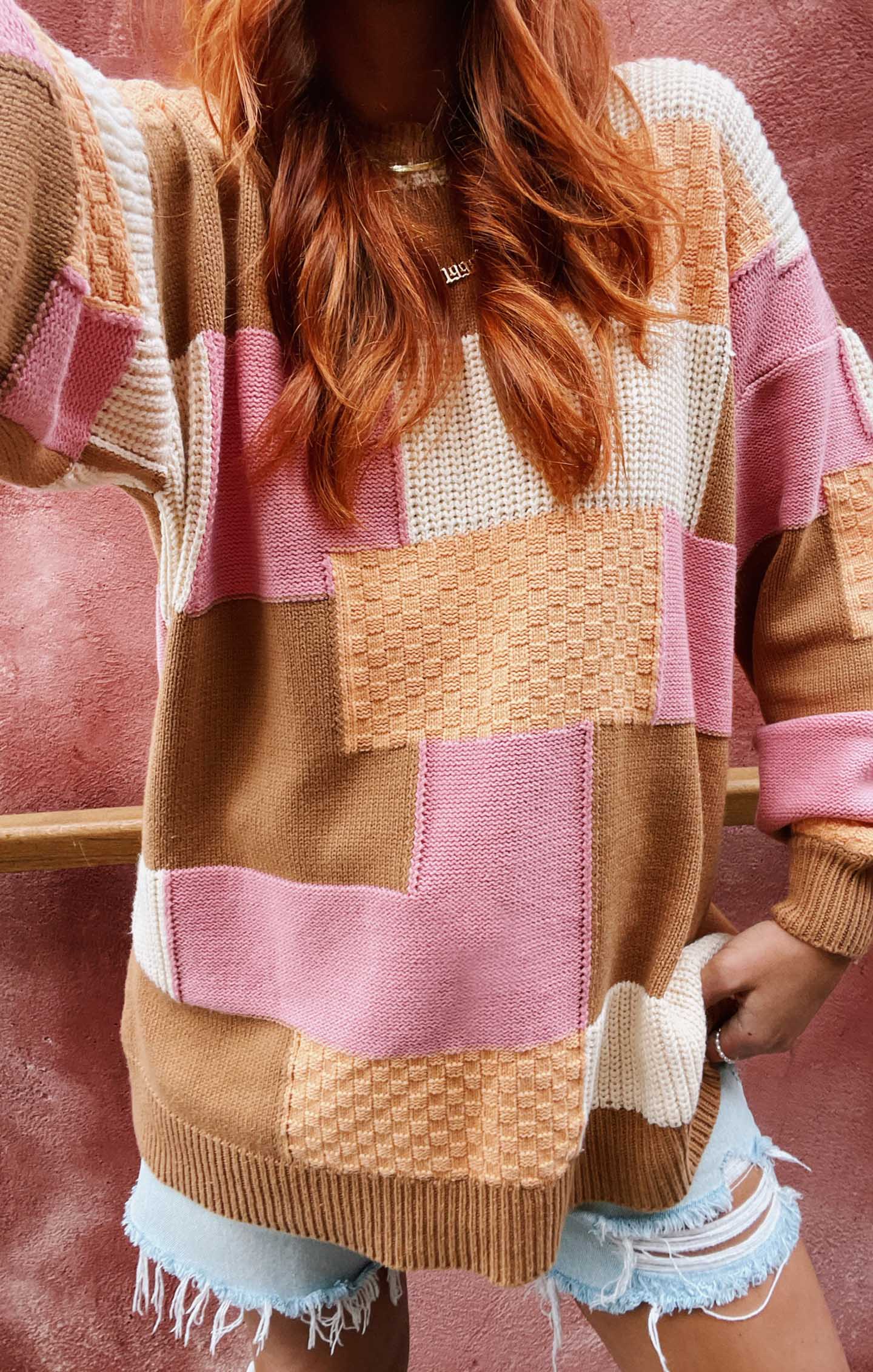 Ember Patchwork Knit Sweater - Oversized Tunic Crewneck