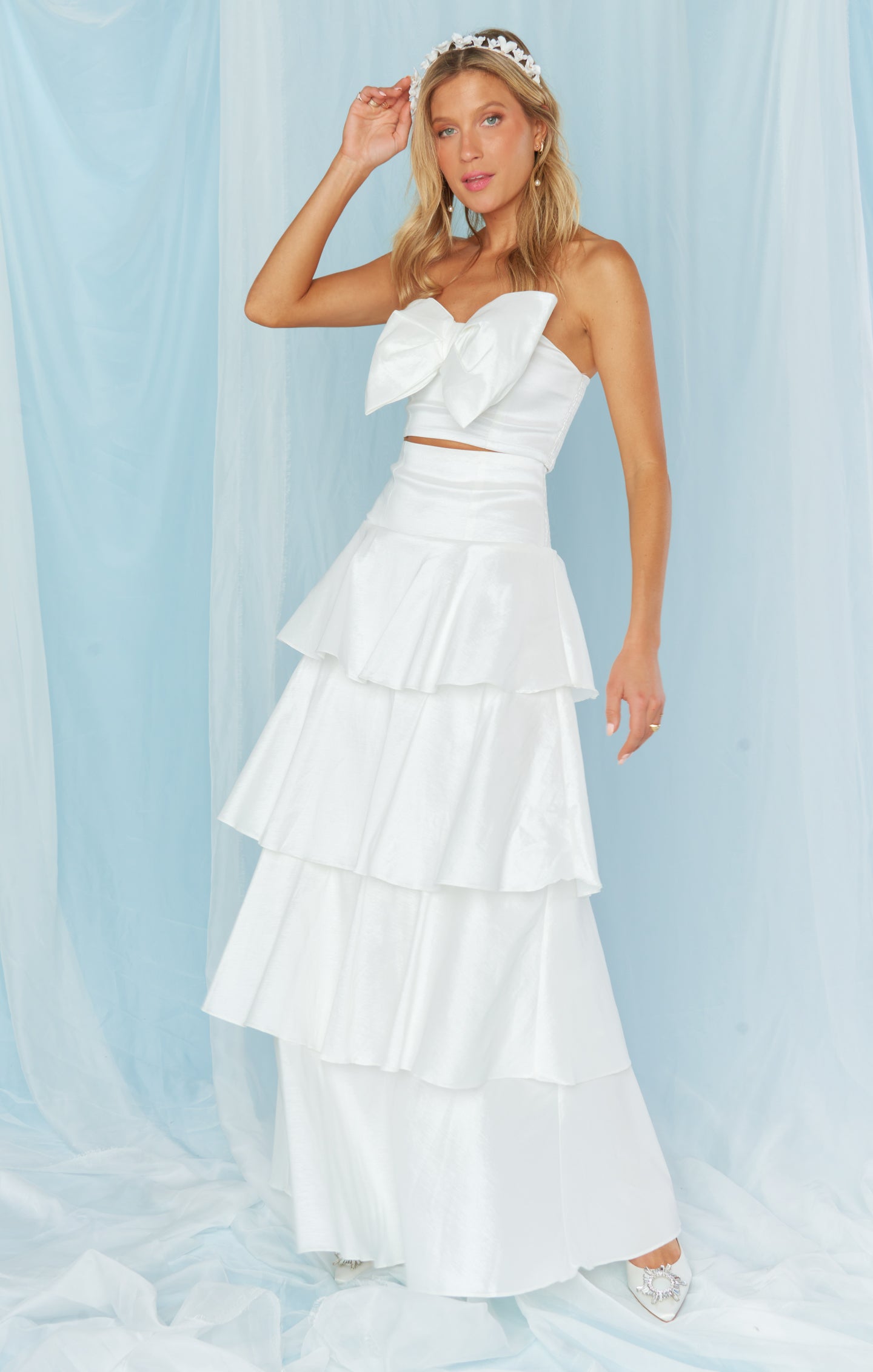 White Taffeta Bow Top for Brides - Smocked Back & Elastic Fit