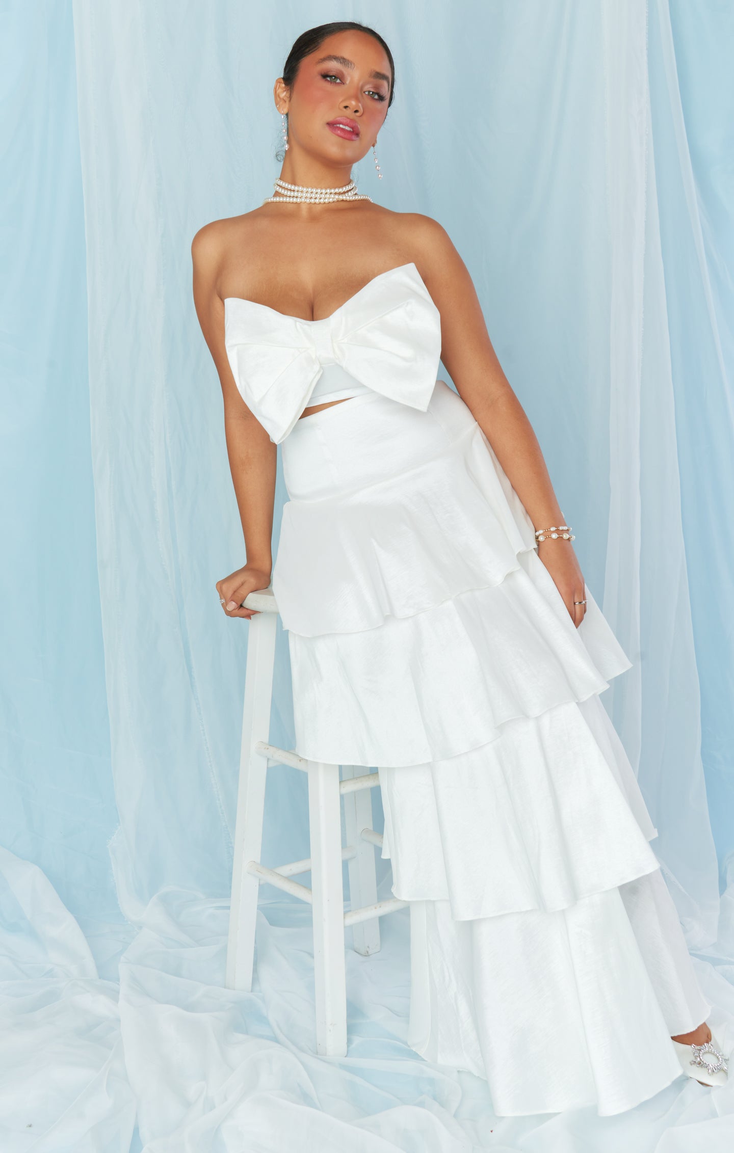 White Taffeta Bow Top for Brides - Smocked Back & Elastic Fit