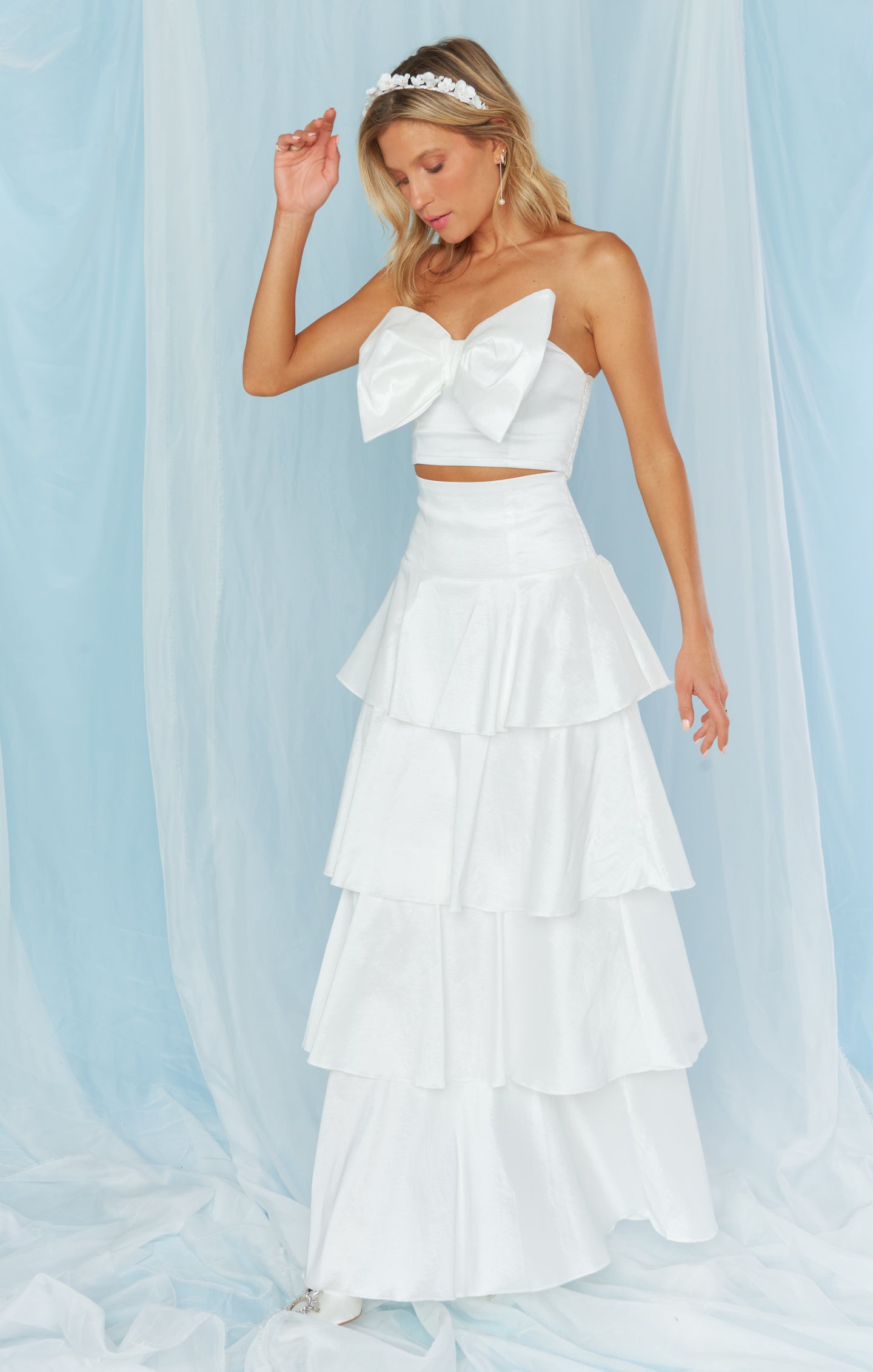 White Taffeta Bow Top for Brides - Smocked Back & Elastic Fit