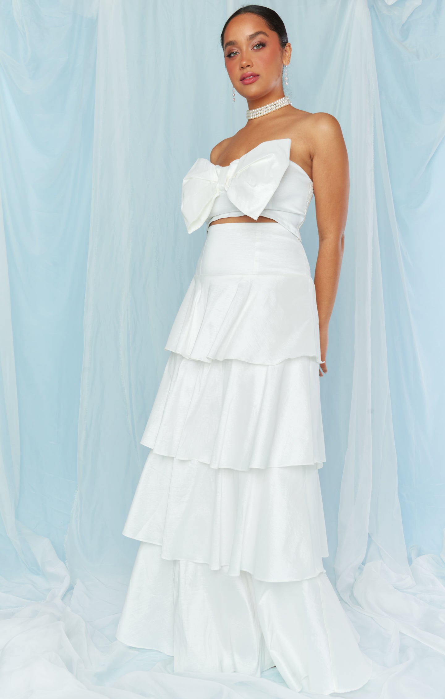 White Taffeta Bow Top for Brides - Smocked Back & Elastic Fit