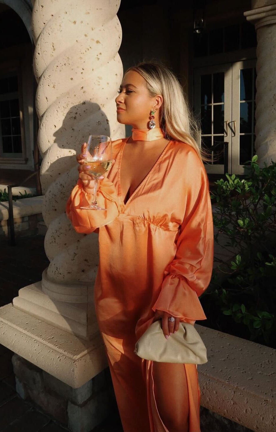 Thalia Satin Maxi Dress with V-Neck & Scarf - Cantaloupe