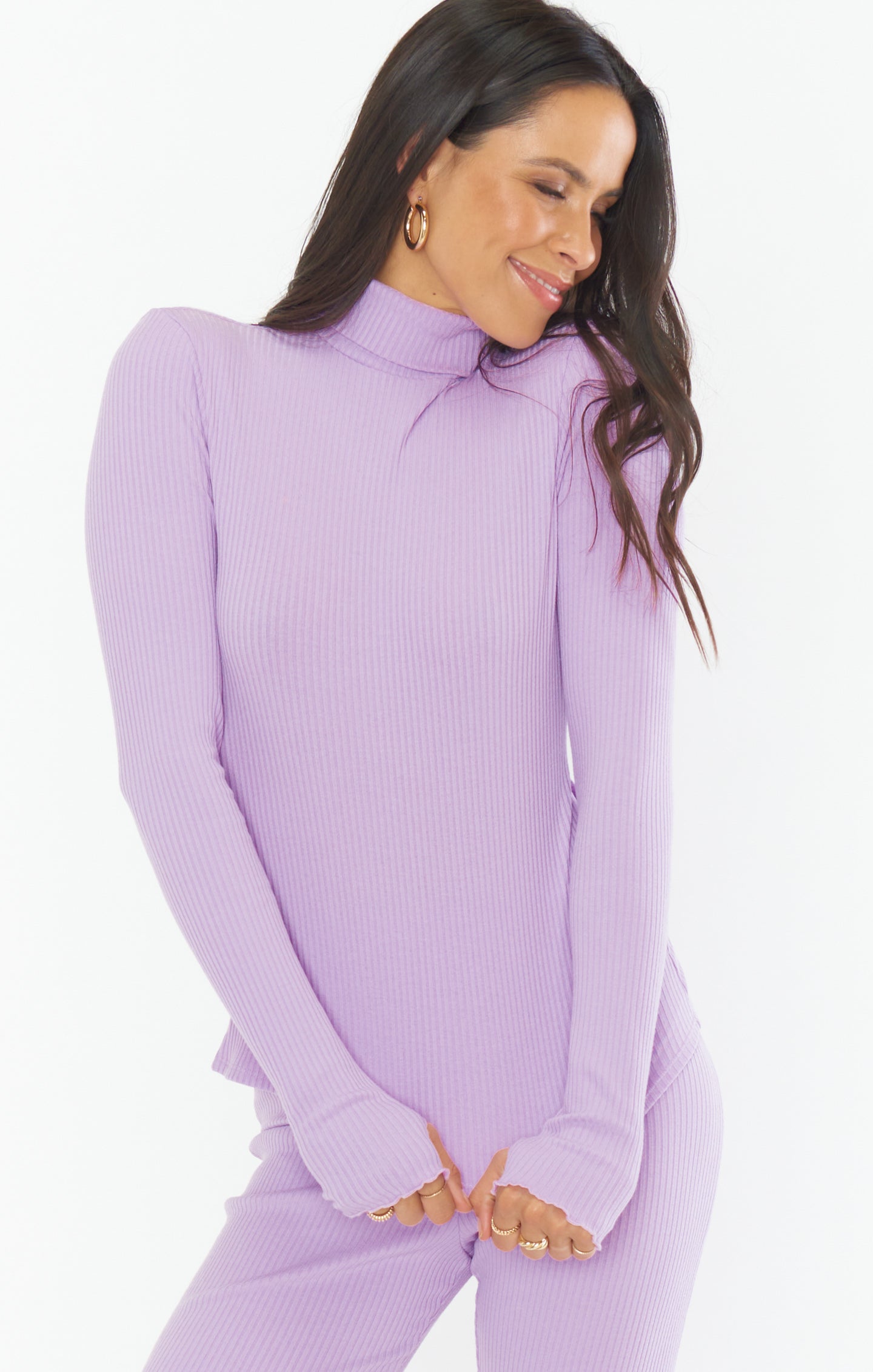 Lilac Rib Knit Mock Neck Top - Cozy Winter Long Sleeve Layer