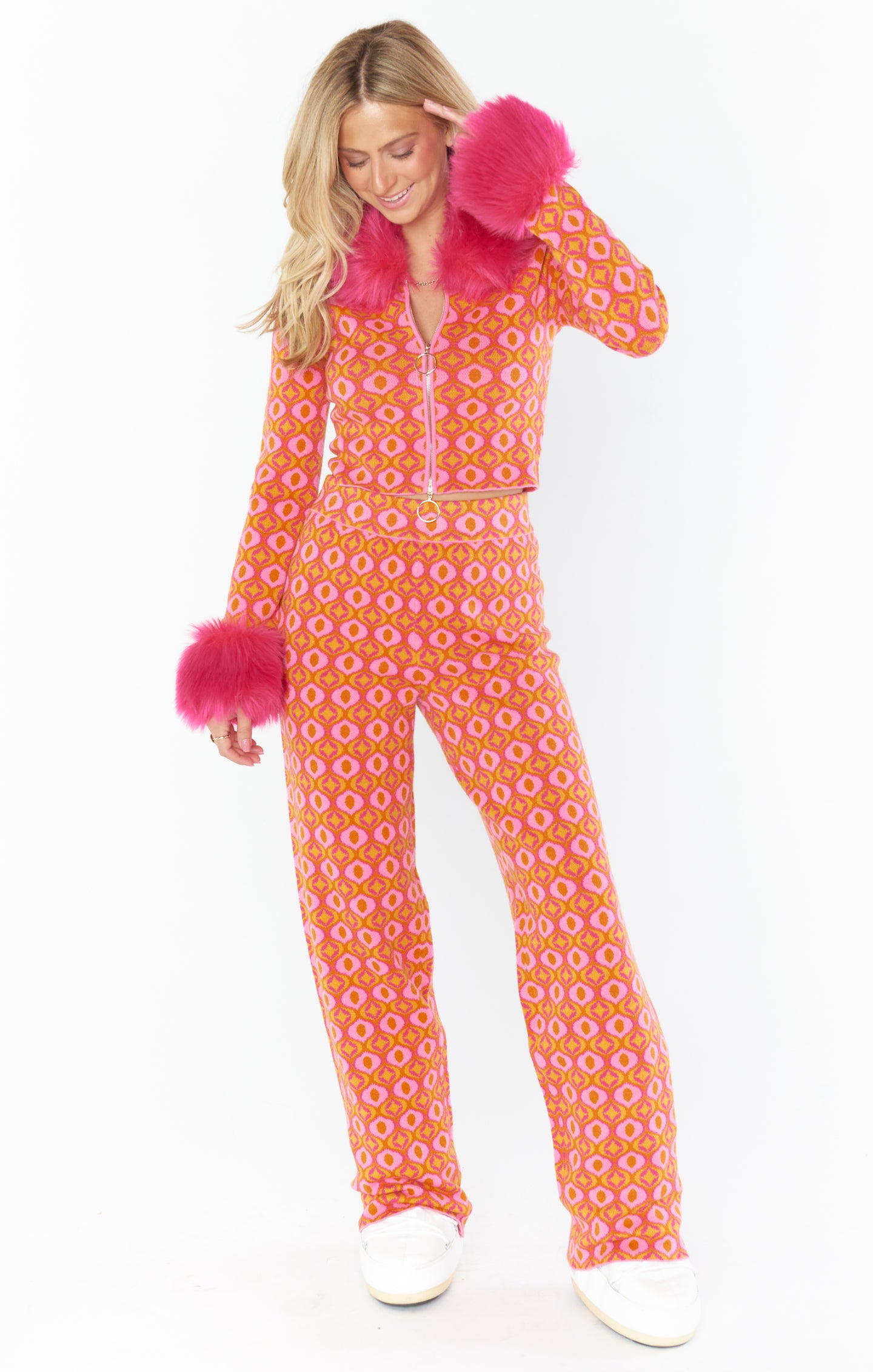 Pink Geo Jacquard Faux Fur Zip Up Sweater with Collar