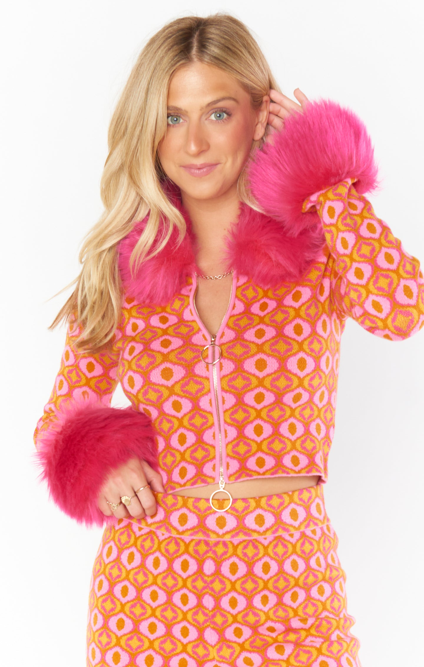 Pink Geo Jacquard Faux Fur Zip Up Sweater with Collar
