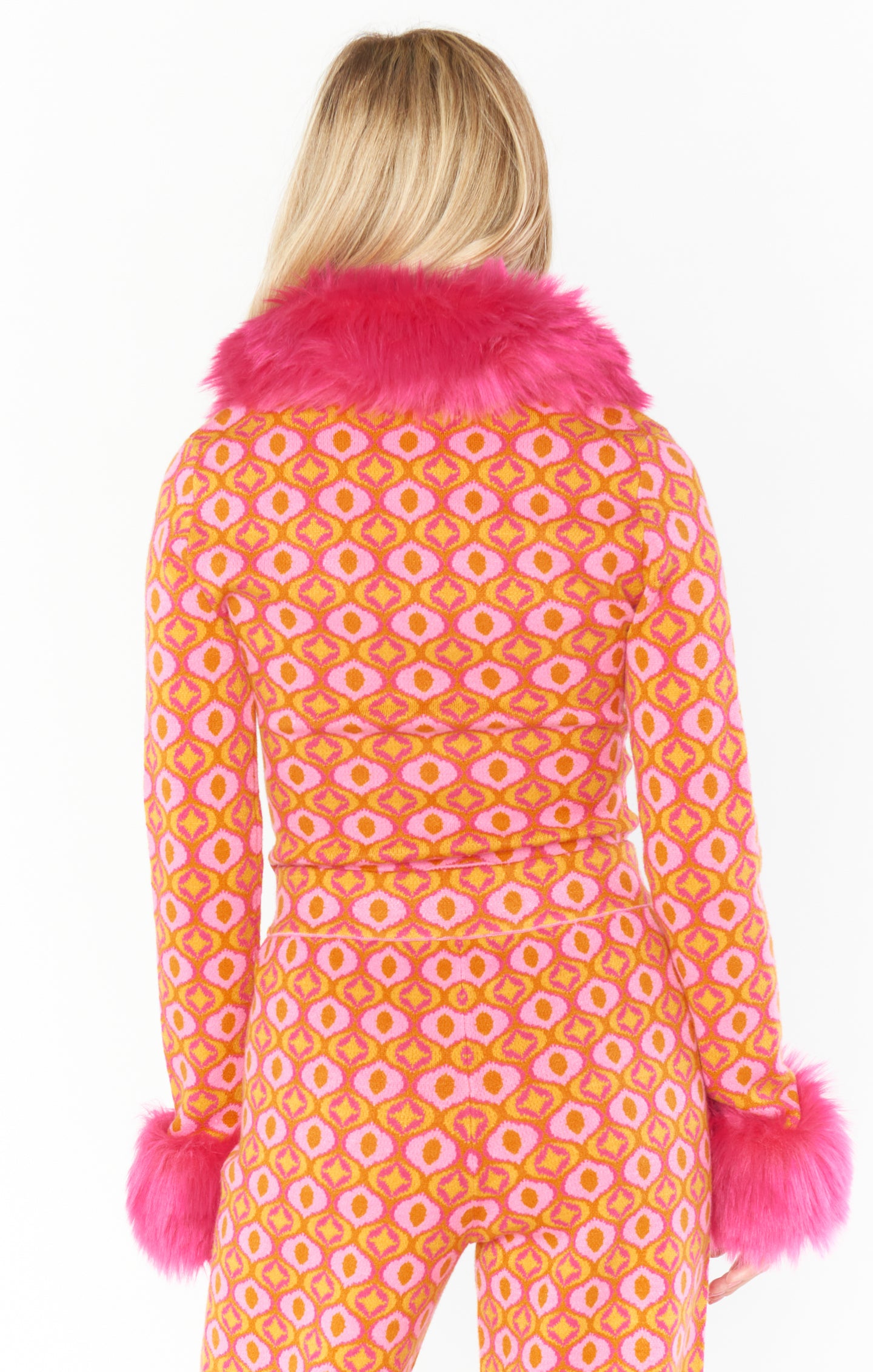 Pink Geo Jacquard Faux Fur Zip Up Sweater with Collar