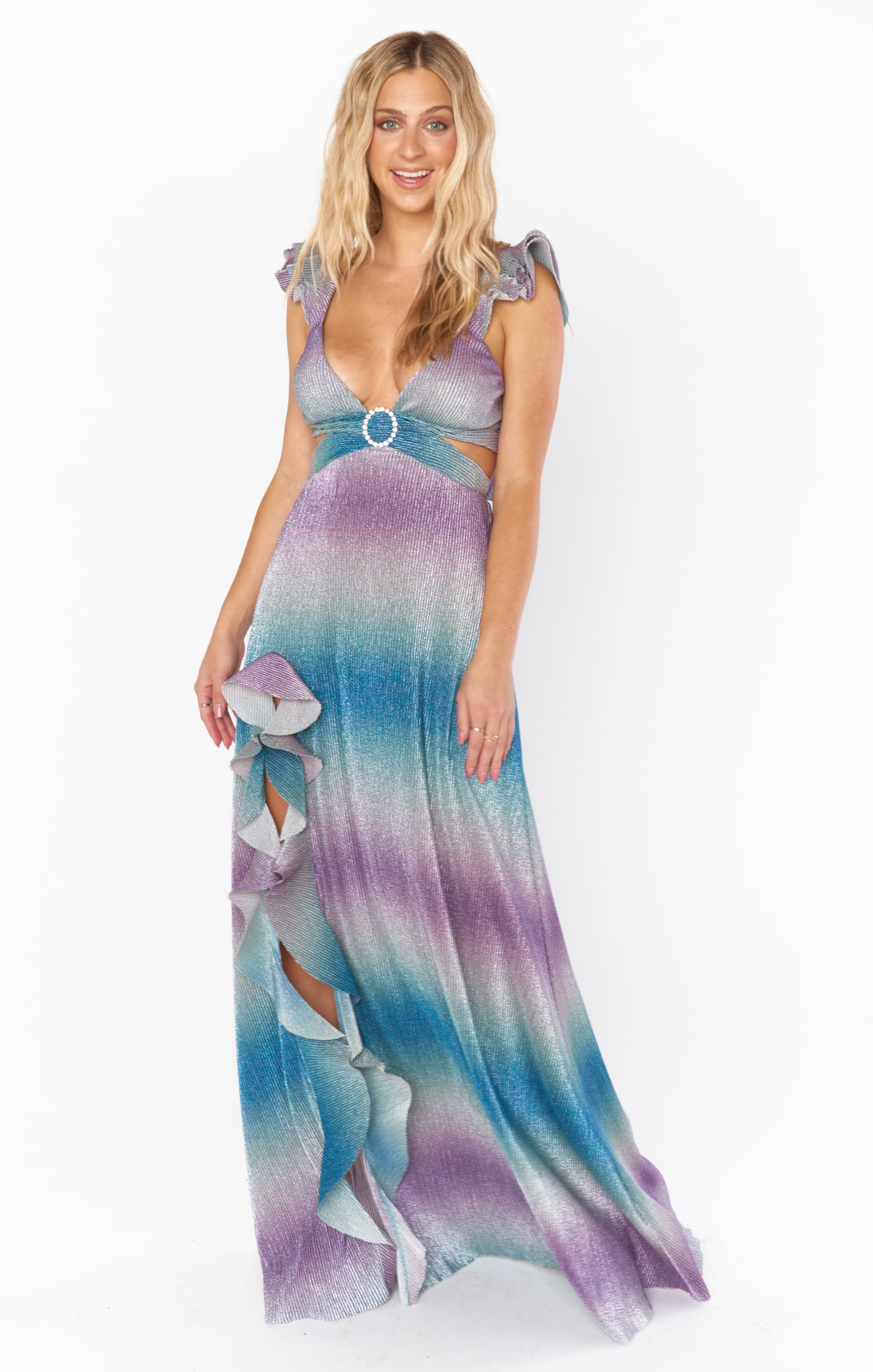 Francie Ruffle Maxi Dress with Side Cutouts & Back Ties
