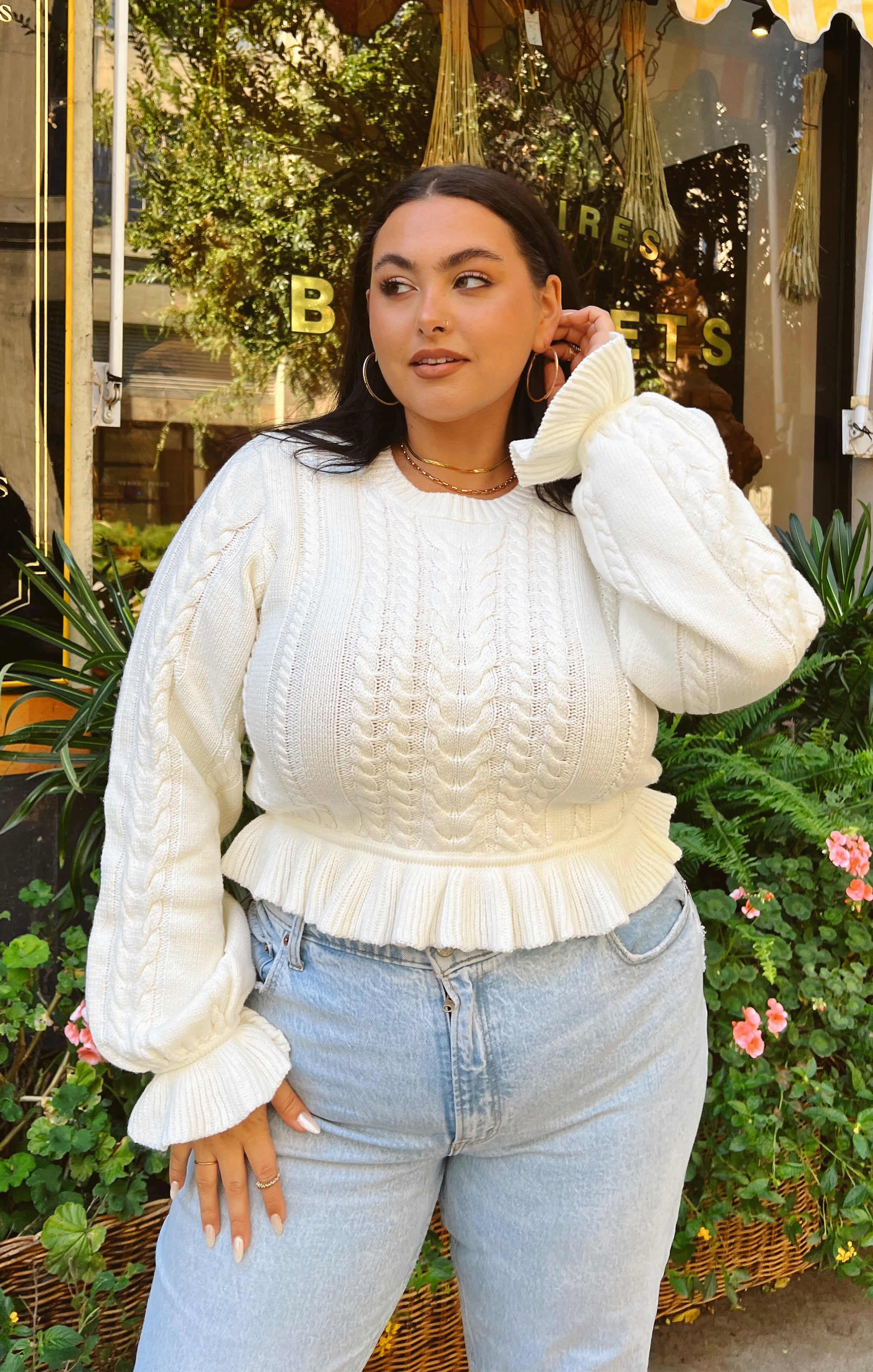 Ridley Cream Cable Knit Ruffle Sweater with Balloon Sleeves