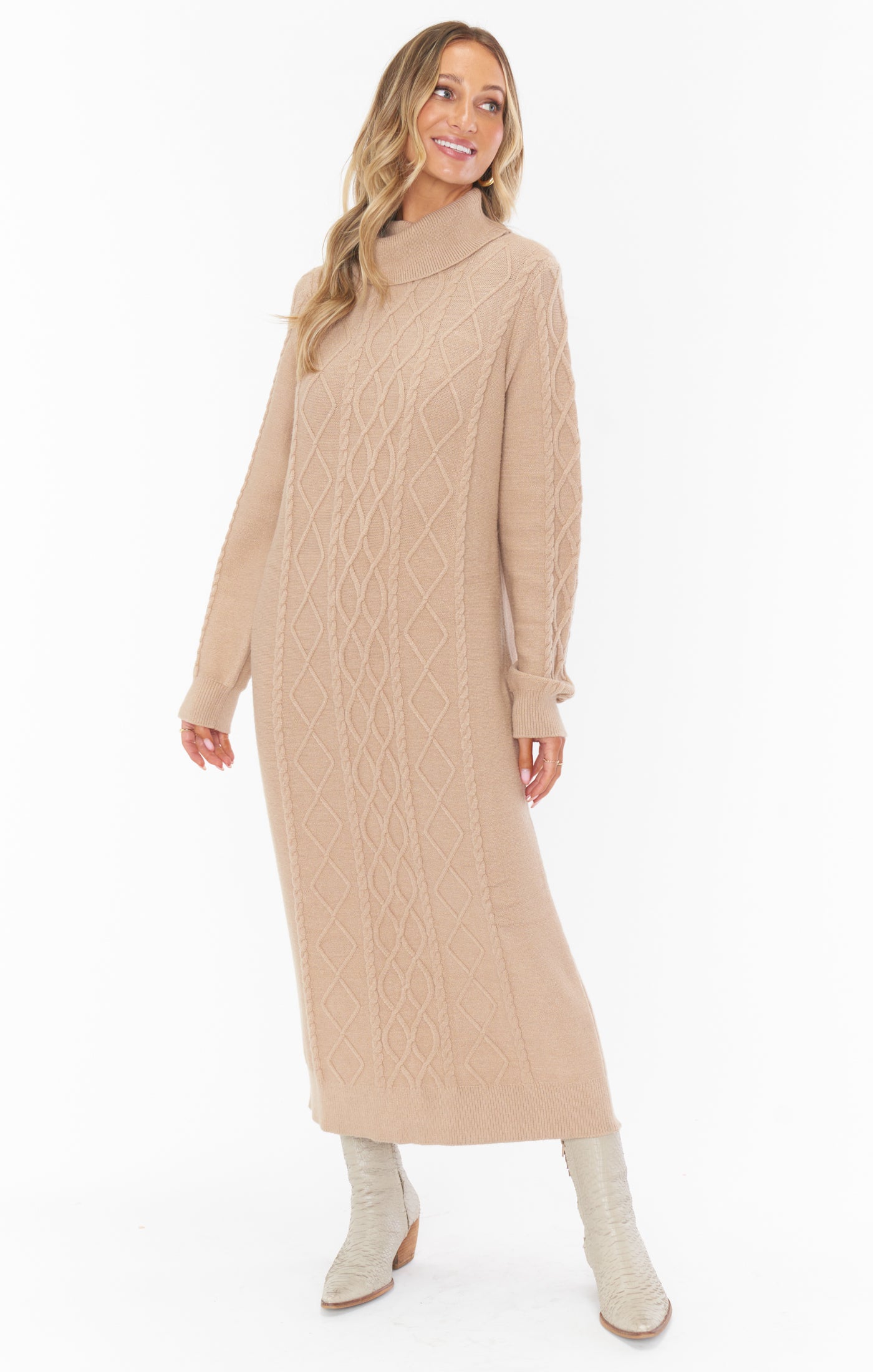 Taupe Cable Knit Turtleneck Midi Dress - Drop Shoulder Winter Style