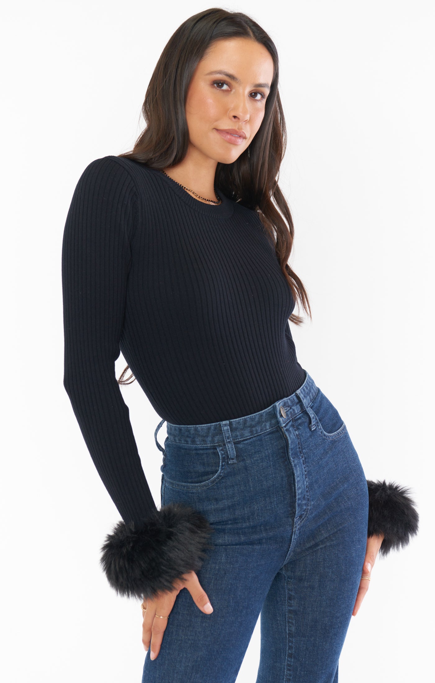 Fran Top Black Knit Long Sleeve with Faux Fur Cuffs