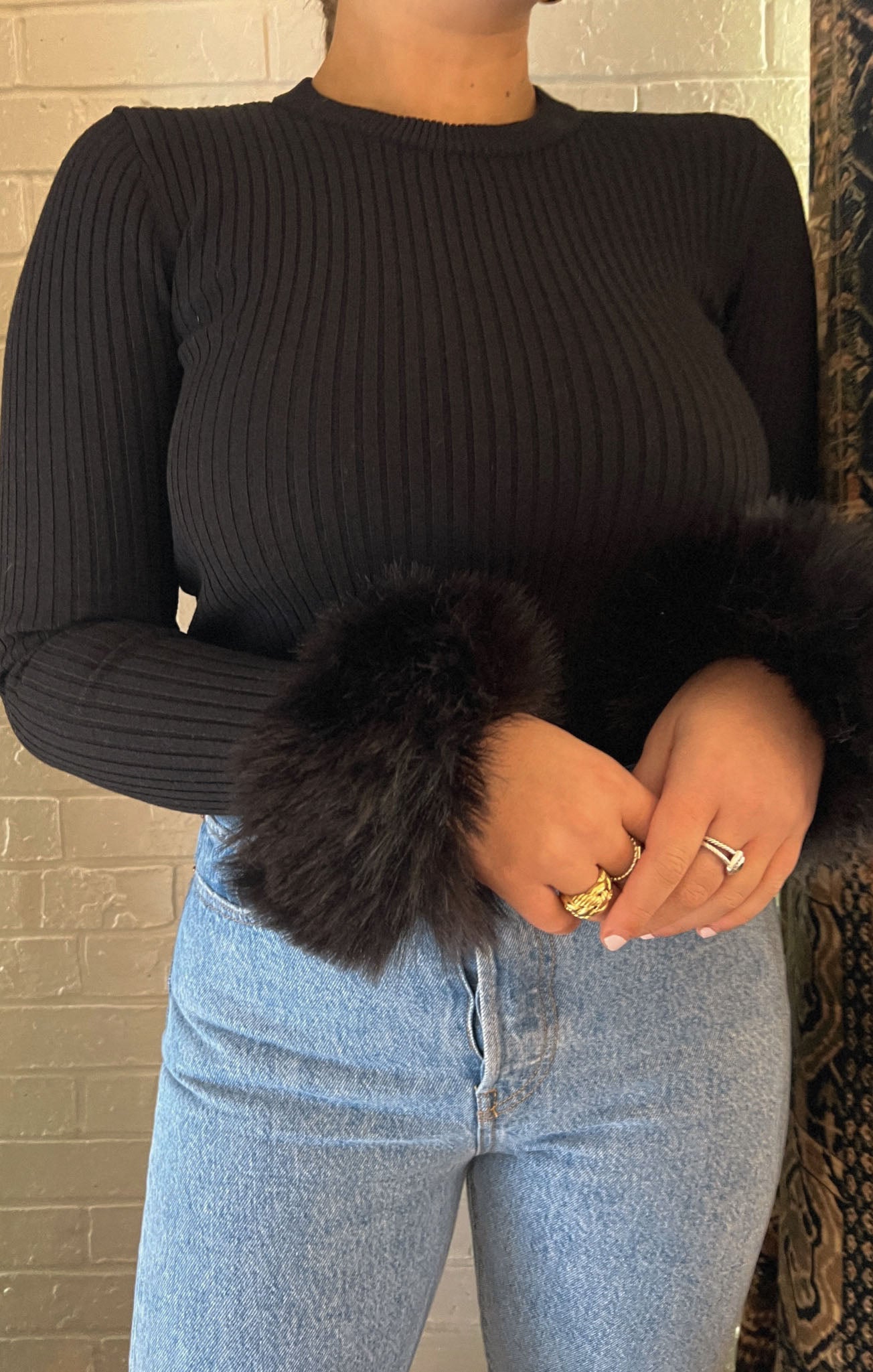Fran Top Black Knit Long Sleeve with Faux Fur Cuffs