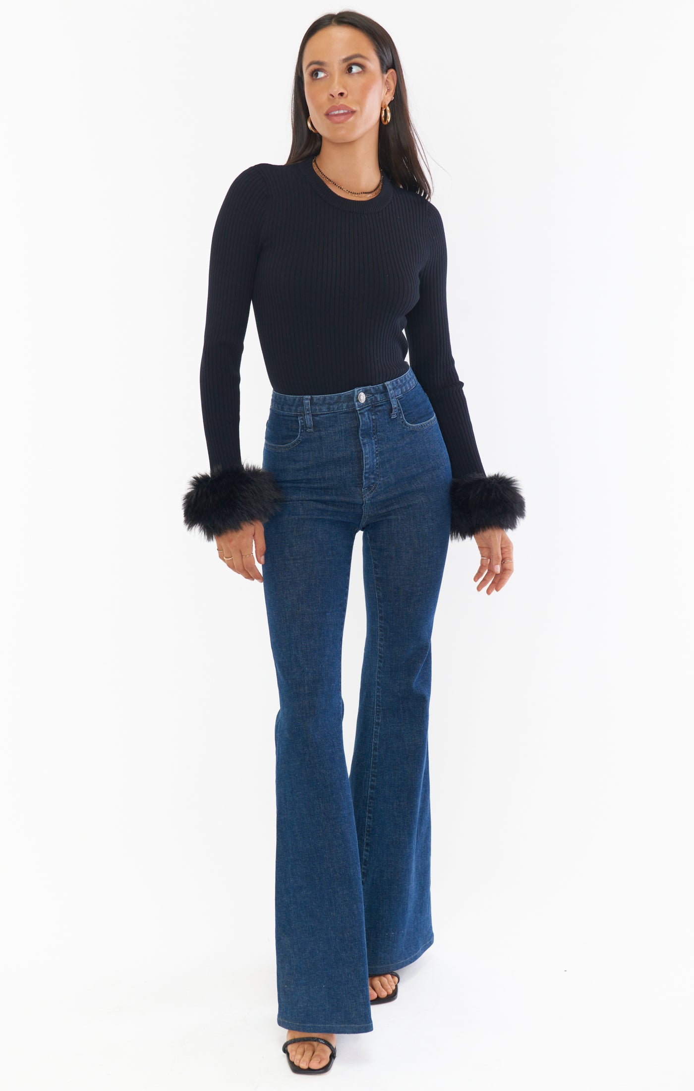 Fran Top Black Knit Long Sleeve with Faux Fur Cuffs
