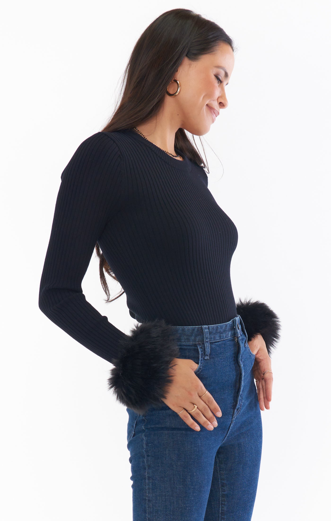 Fran Top Black Knit Long Sleeve with Faux Fur Cuffs