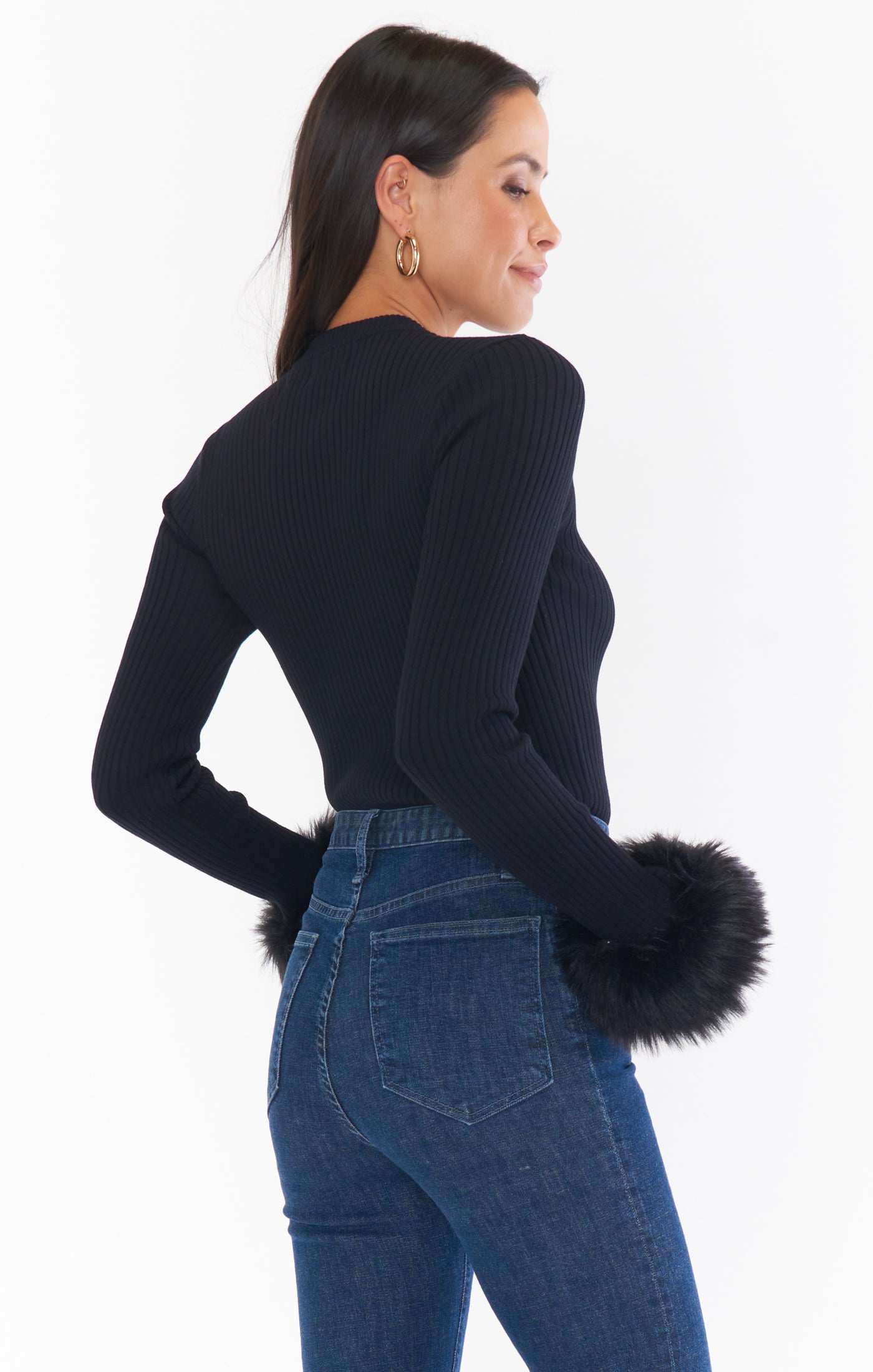 Fran Top Black Knit Long Sleeve with Faux Fur Cuffs