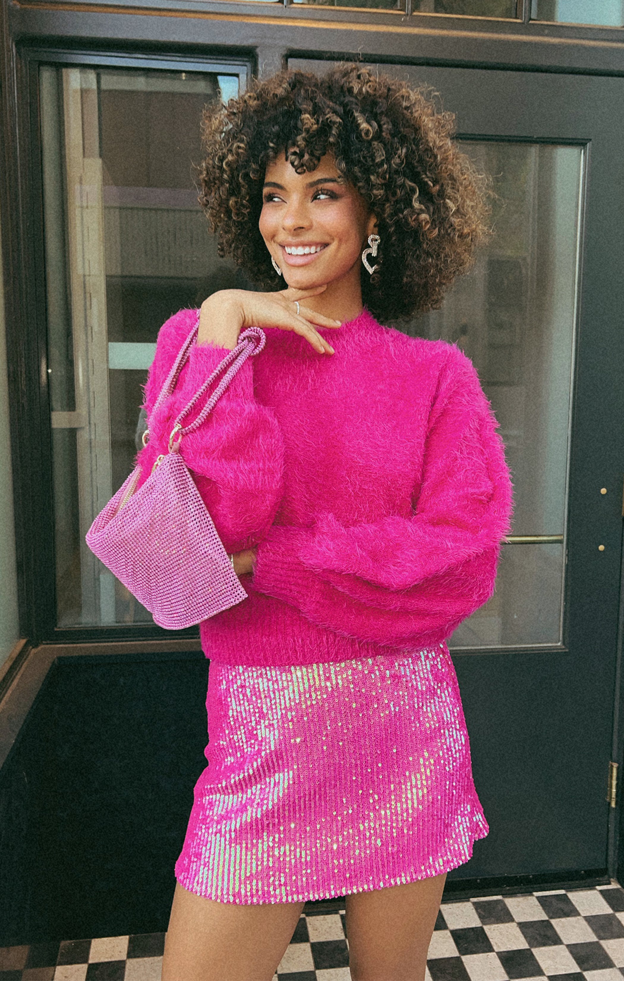 Hot Pink Mock Turtleneck Sweater with Bishop Sleeves