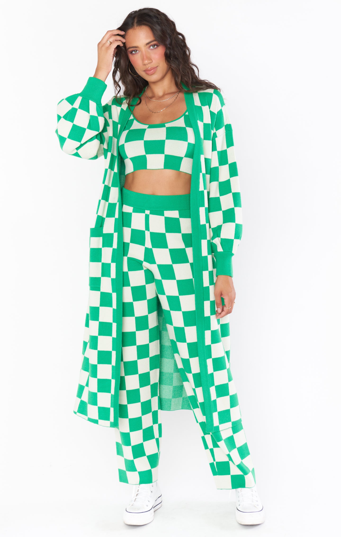 Kelly Green Checker Knit Crop Sweater Top - Connie