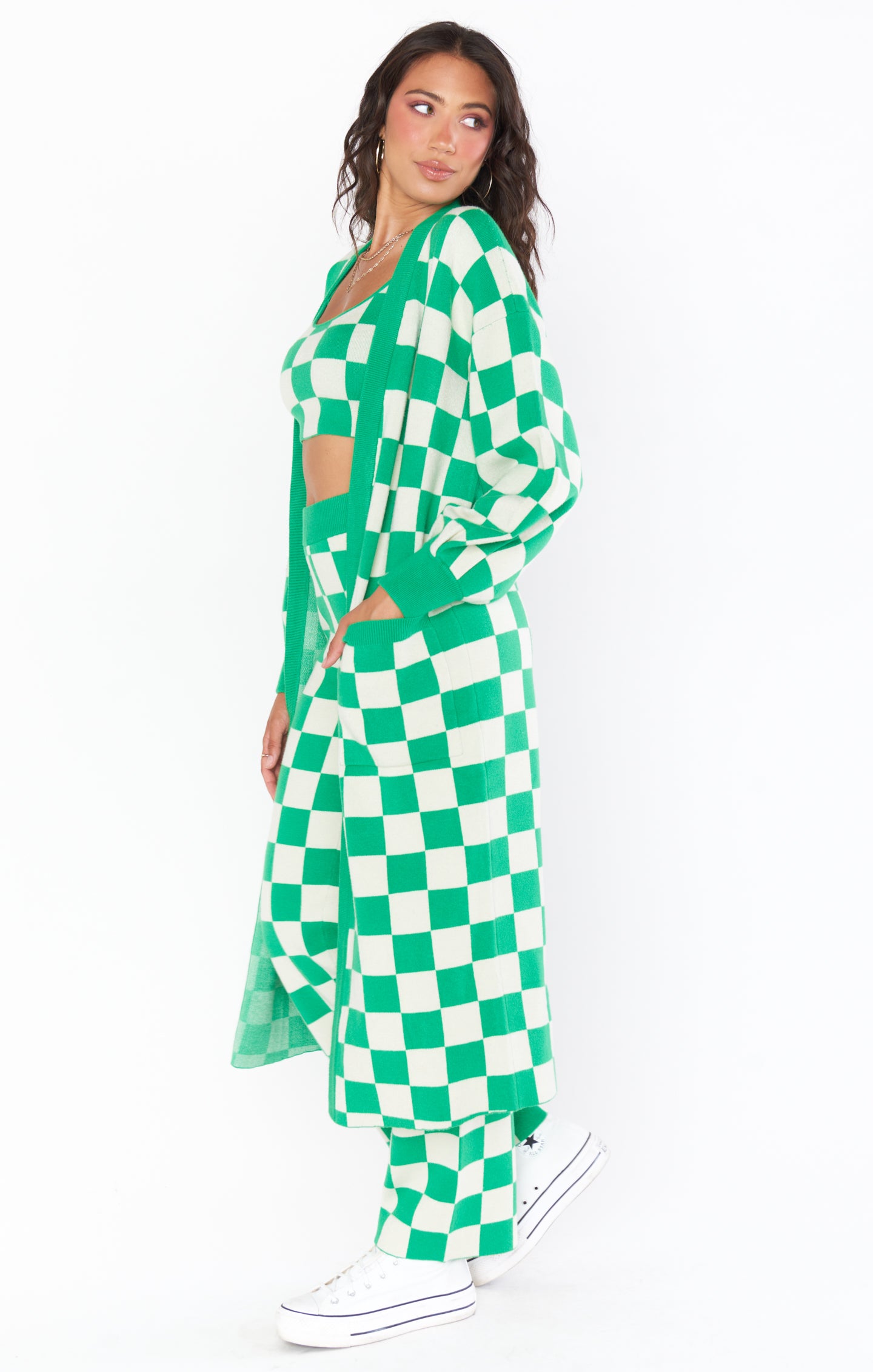 Kelly Green Checker Knit Cardigan with Lantern Sleeves & Pockets