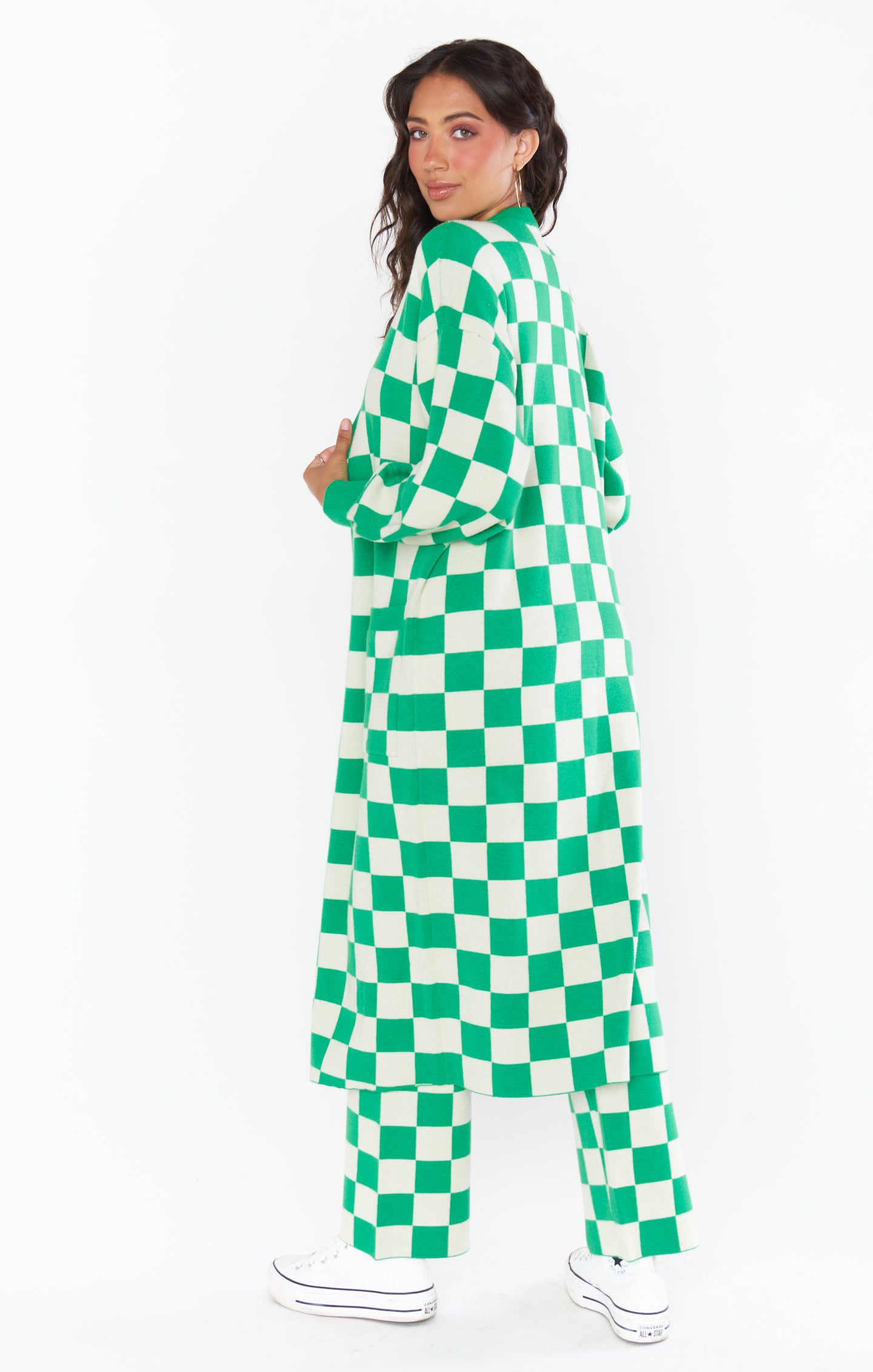 Kelly Green Checker Knit Cardigan with Lantern Sleeves & Pockets