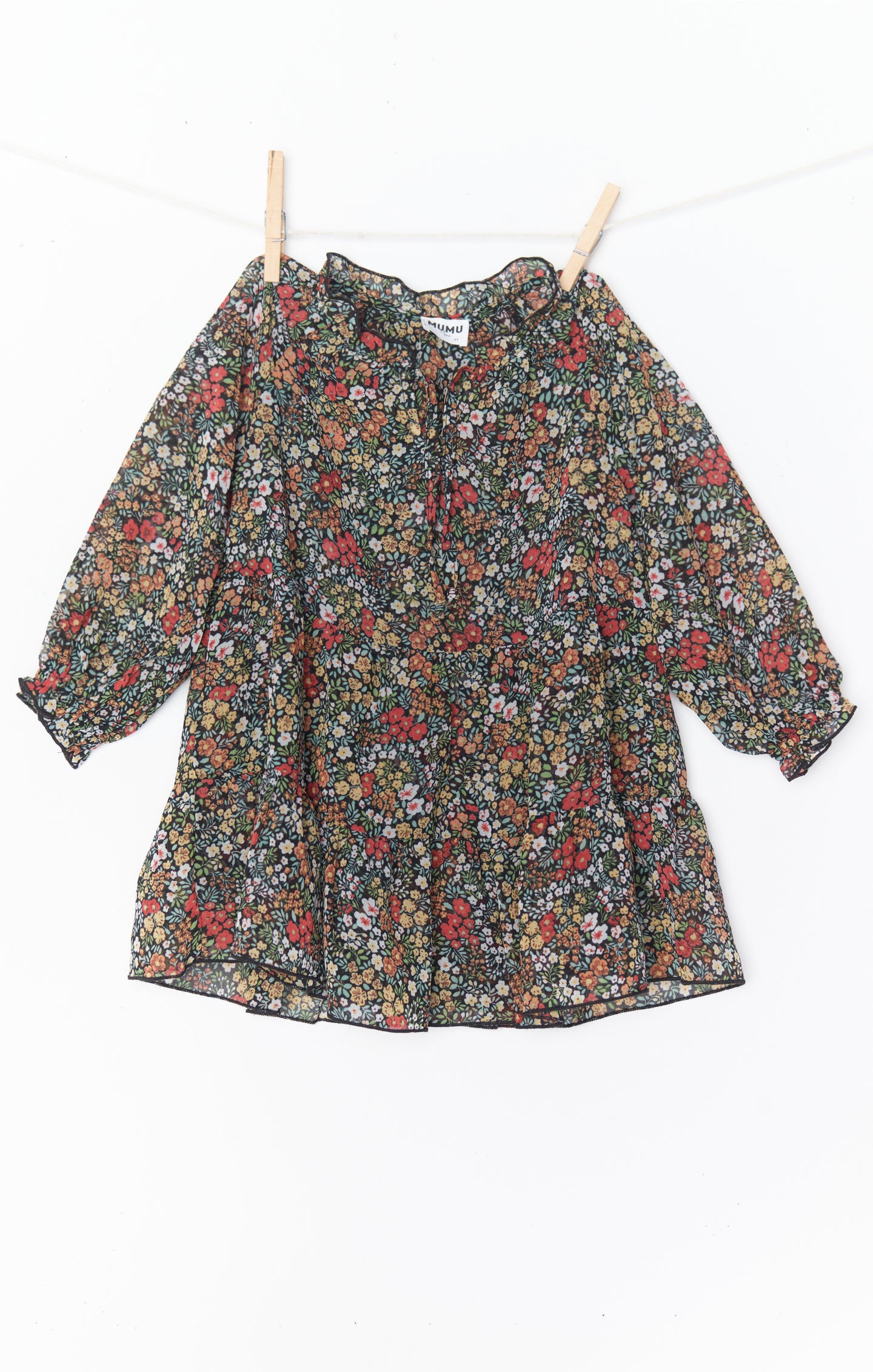 Black Floral Little Birdie Dress for Girls - Tiered Skirt & Long Sleeves