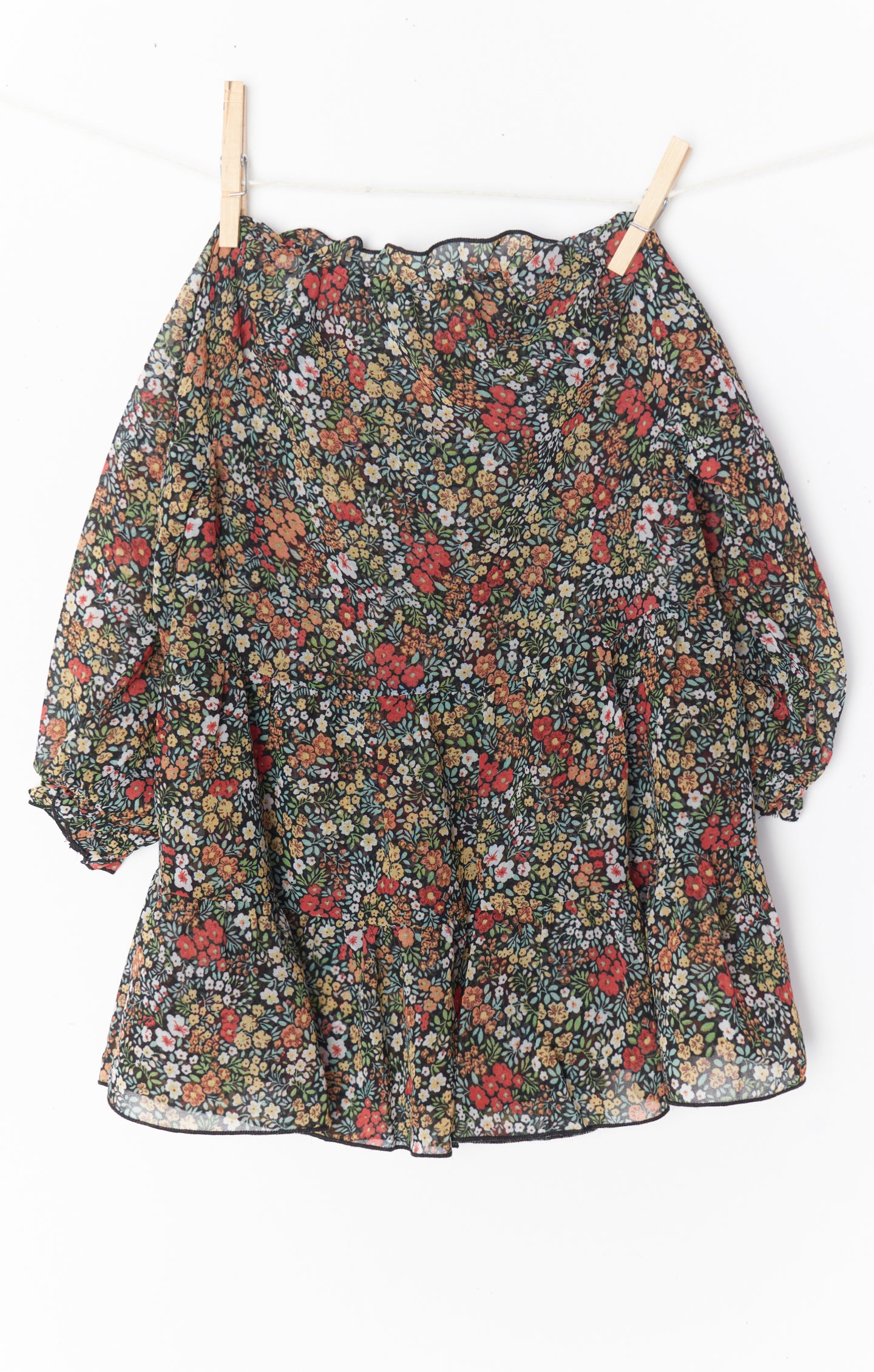 Black Floral Little Birdie Dress for Girls - Tiered Skirt & Long Sleeves