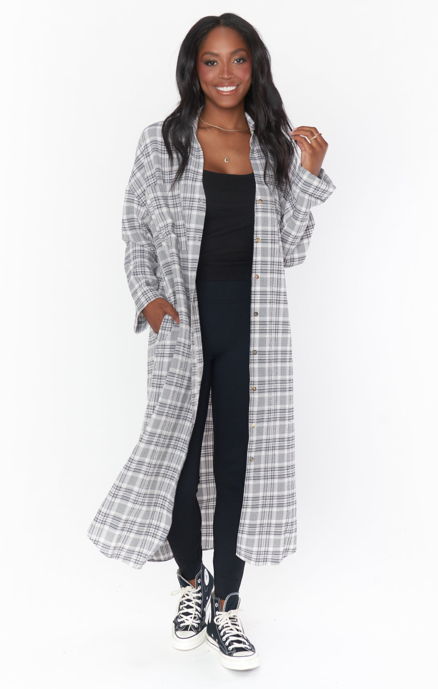 Leo Oversized Plaid Tunic Shirt - Windowpane Button Down Top