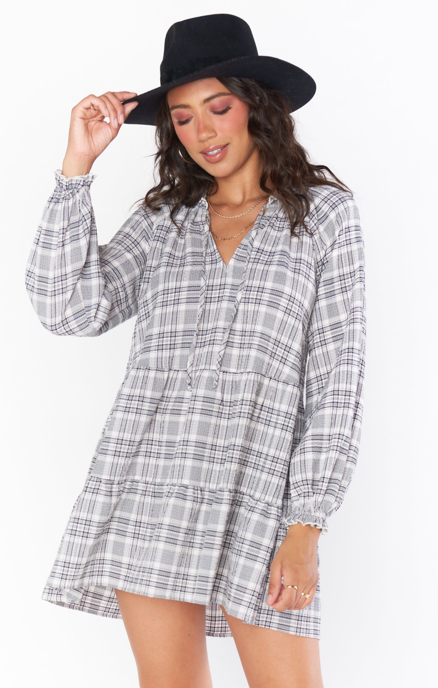 Birdie Plaid V-Neck Tiered Mini Dress with Ties