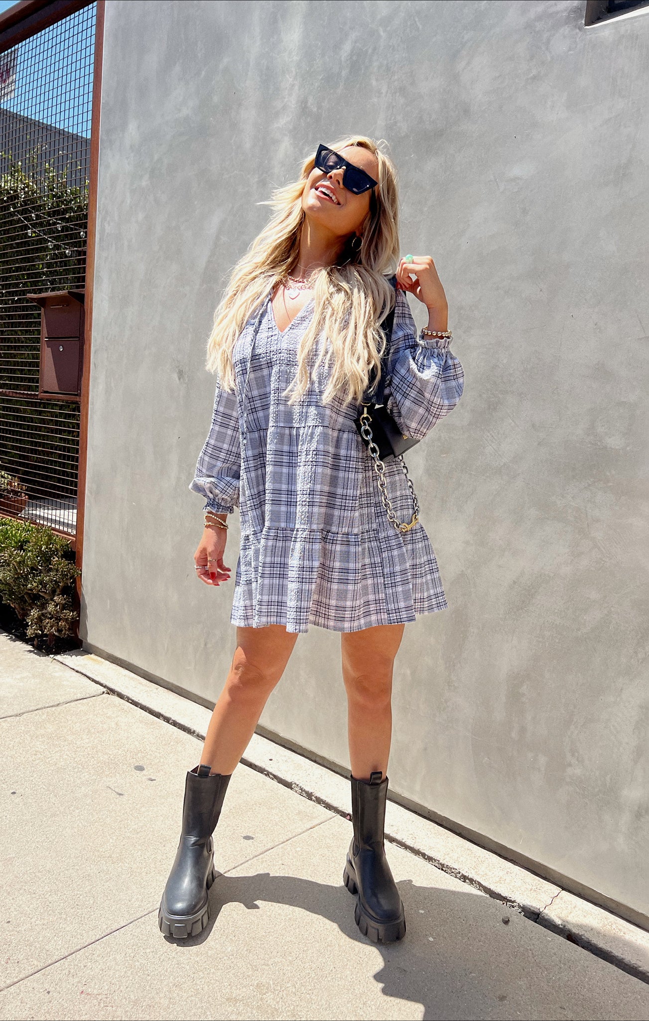 Birdie Plaid V-Neck Tiered Mini Dress with Ties