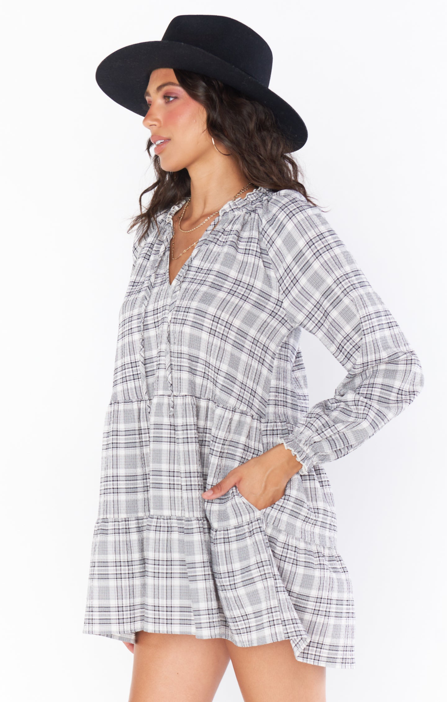 Birdie Plaid V-Neck Tiered Mini Dress with Ties