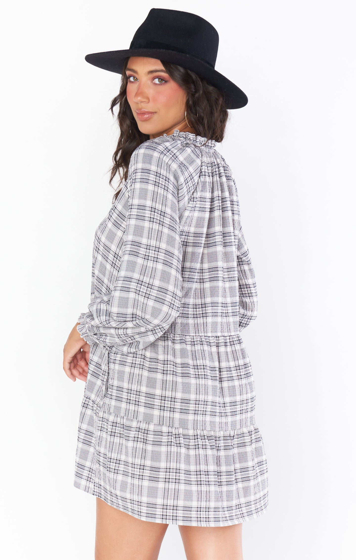 Birdie Plaid V-Neck Tiered Mini Dress with Ties