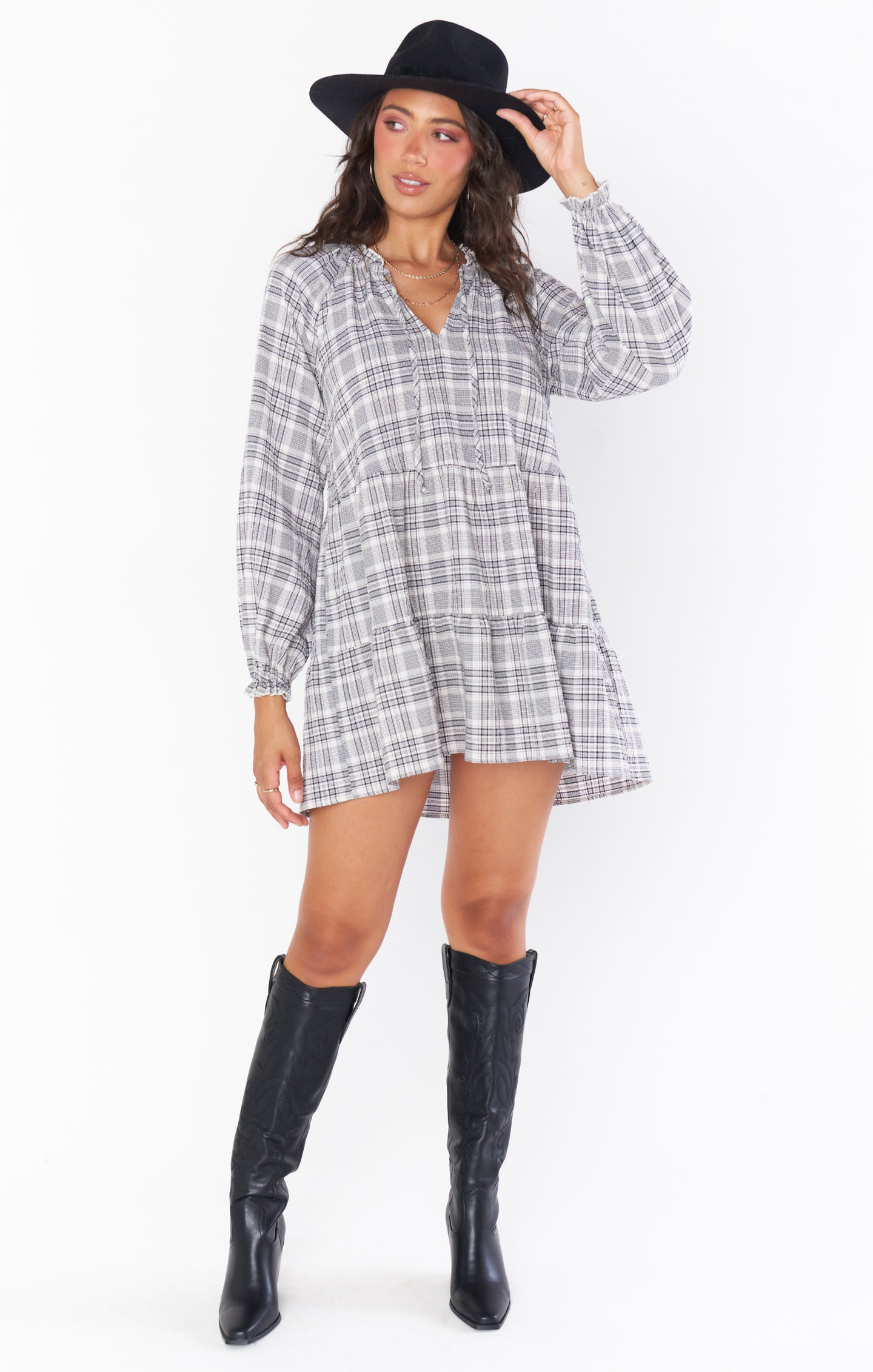 Birdie Plaid V-Neck Tiered Mini Dress with Ties