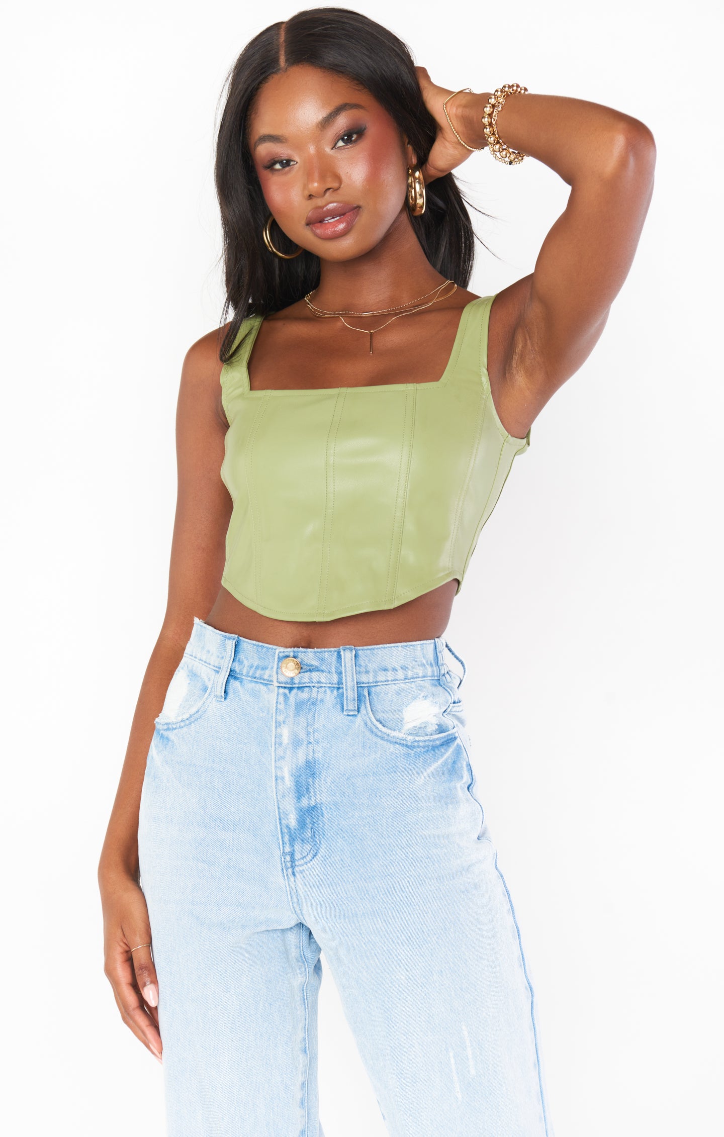 Faux Leather Corset Top in Sage - Sleek Bustier Style