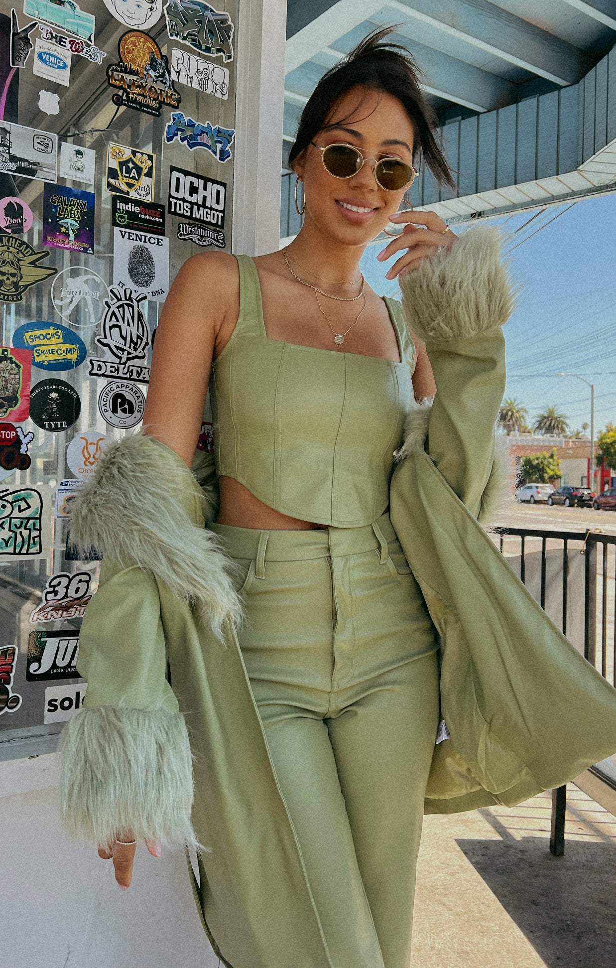 Faux Leather Corset Top in Sage - Sleek Bustier Style