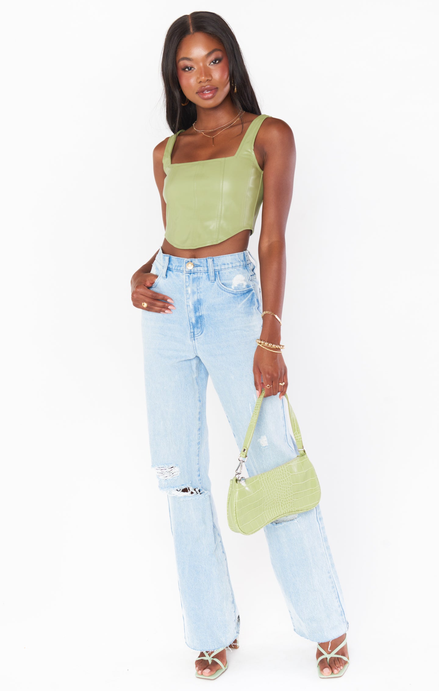 Faux Leather Corset Top in Sage - Sleek Bustier Style