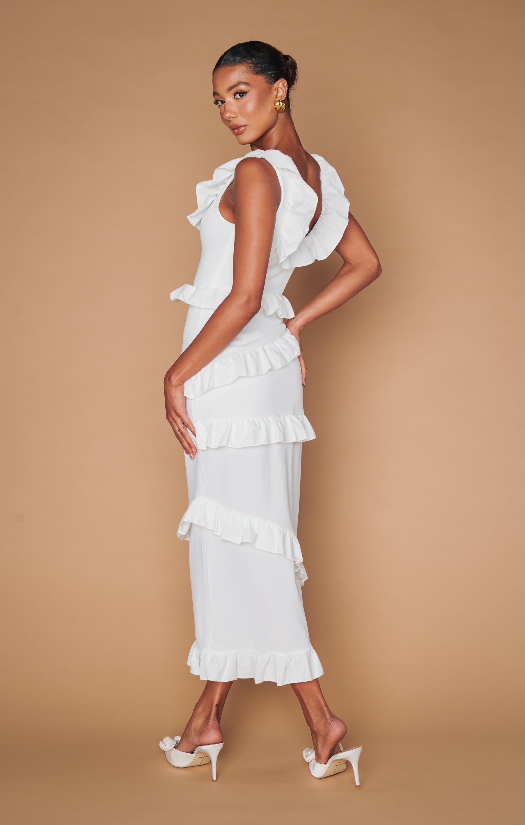 White Ruffled Square Neck Midi Dress with Slit – Greta Dress
