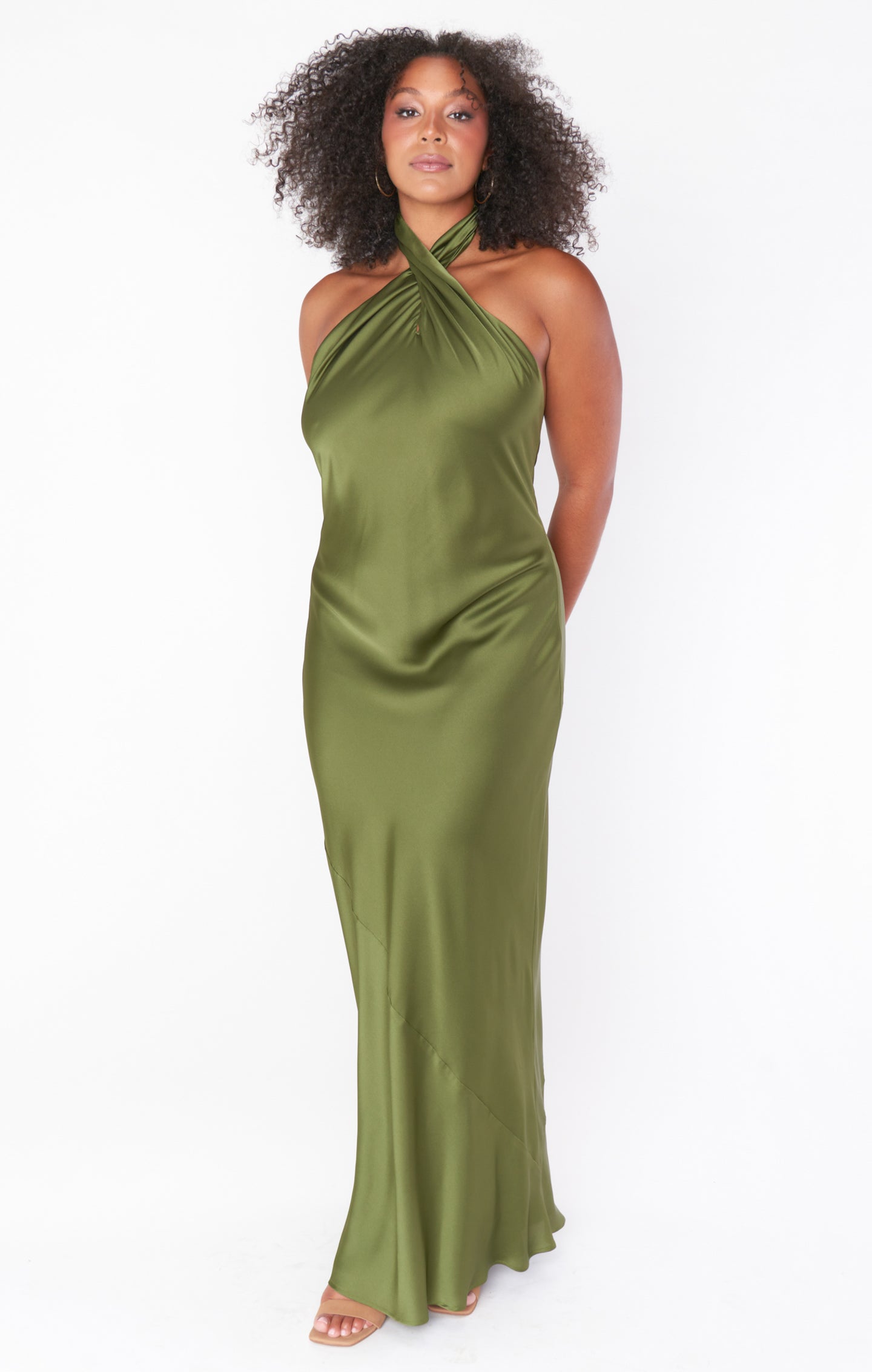 Jasmine Halter Maxi Dress in Luxe Olive Satin - Open Back Evening Gown