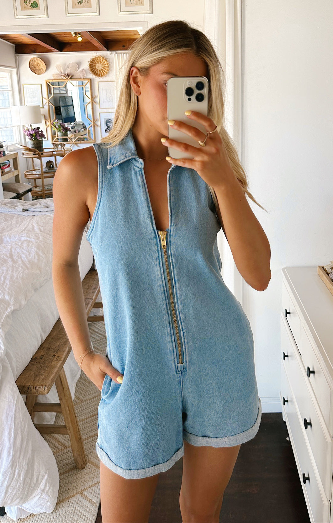 Women's Blue Denim Romper with Zip Front - Reno Romper