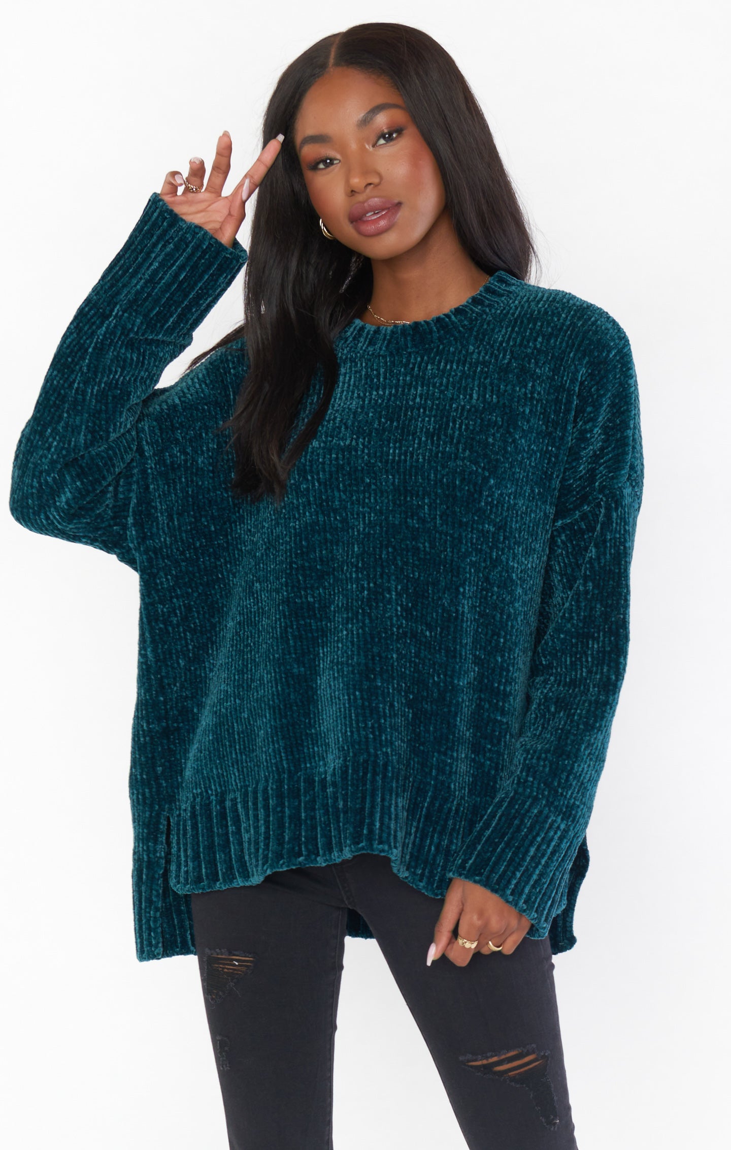 Jesse Chenille Knit Sweater in Jade Green with Dropped Shoulders