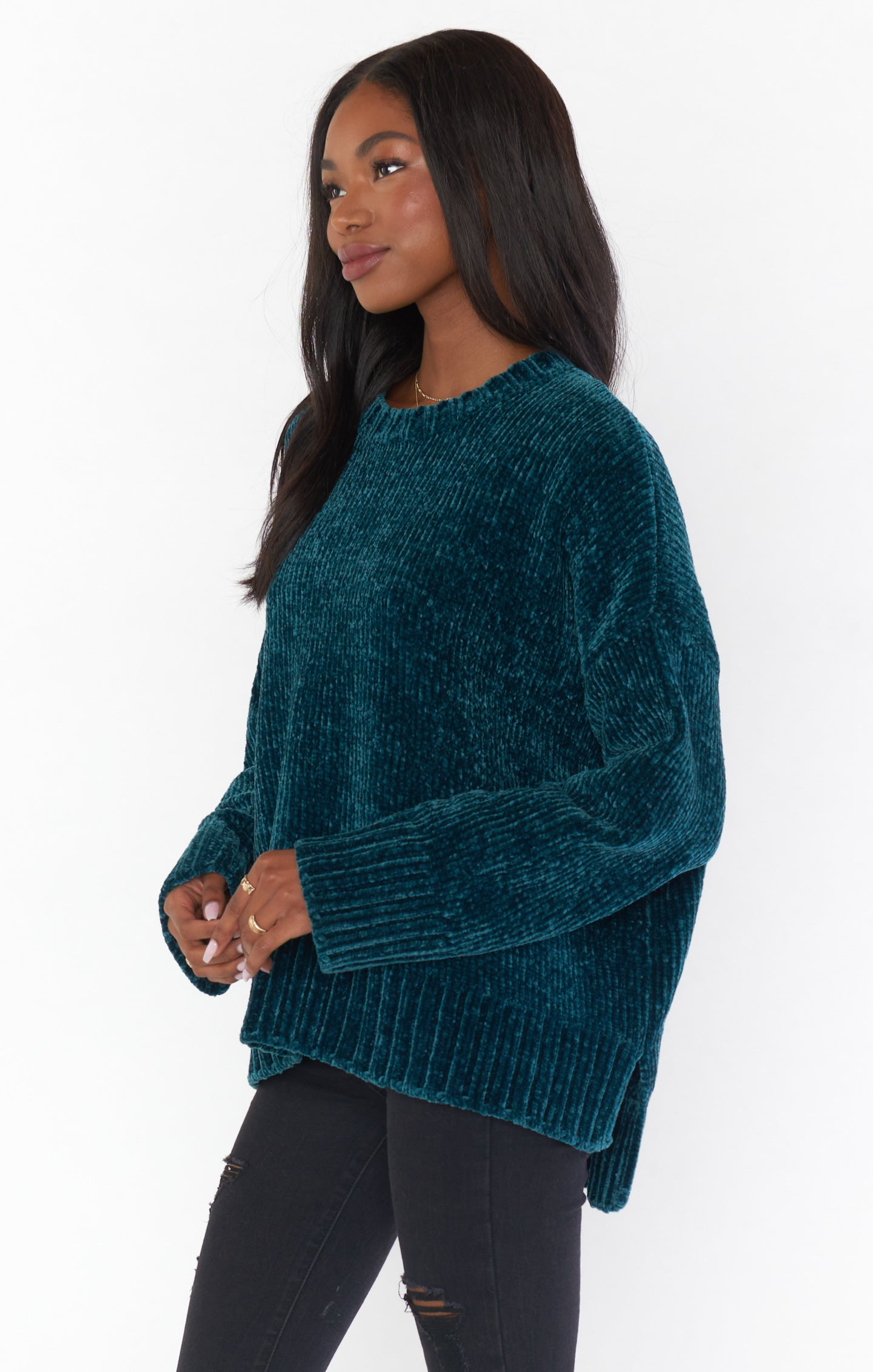 Jesse Chenille Knit Sweater in Jade Green with Dropped Shoulders