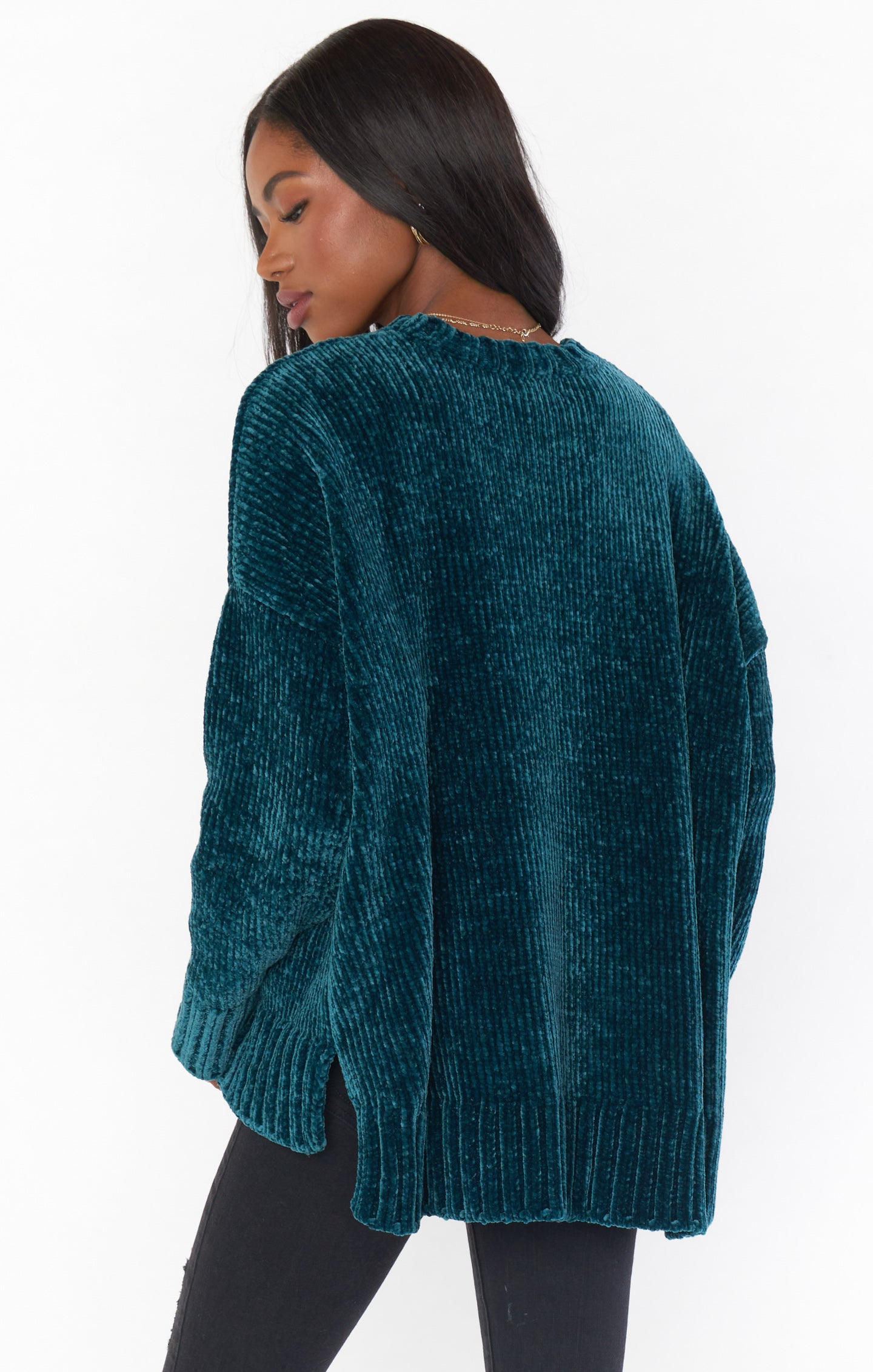 Jesse Chenille Knit Sweater in Jade Green with Dropped Shoulders
